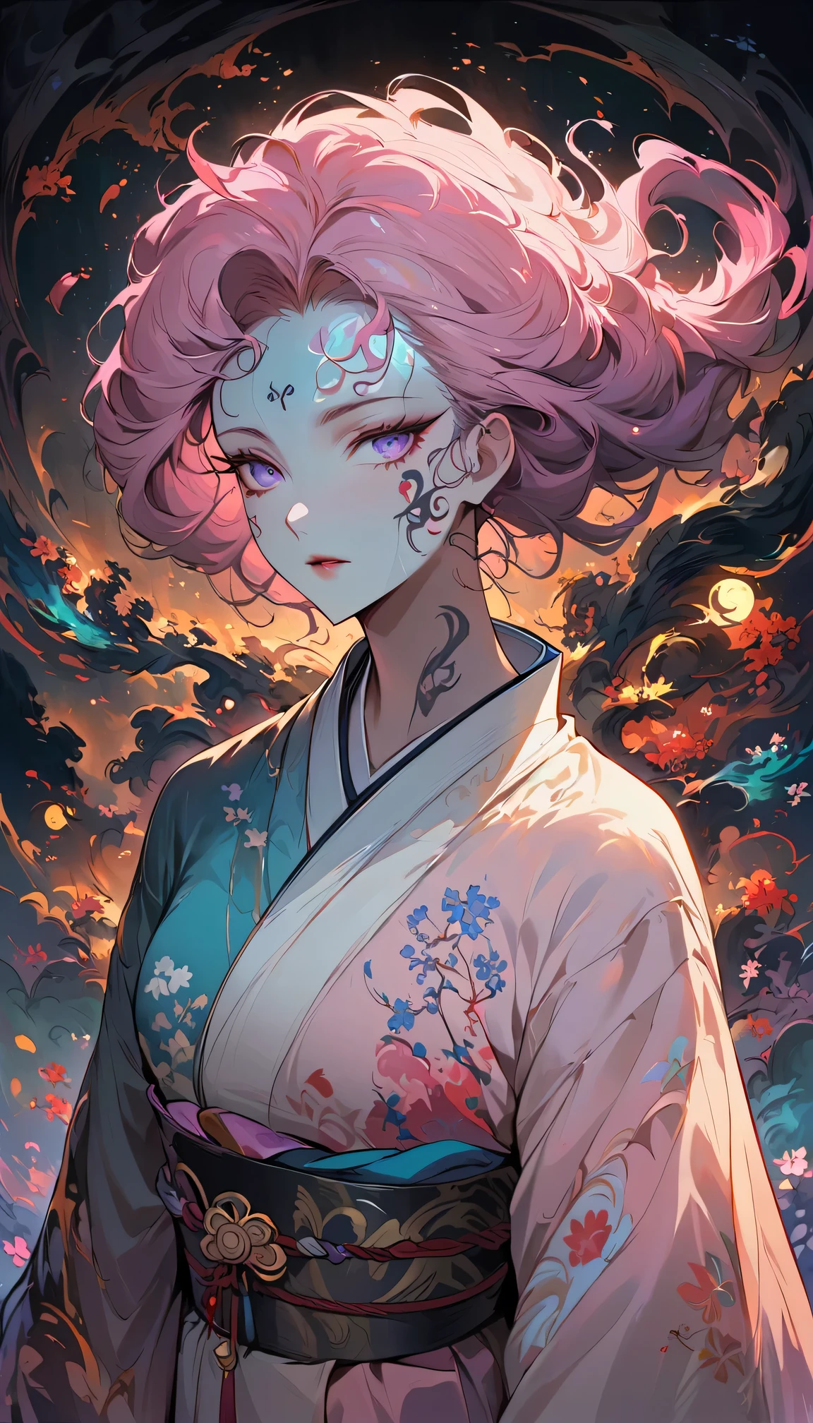 surreal, Very detailed, and a high resolution 16k image of a young man, Beautiful female ghost or guardian angel. She has light pink hair and translucent skin, Wearing a traditional Japanese kimono,face tattoo(Meaningful Chinese character writing:1.1),There is a small cherry blossom pattern on the belt. The image captures the ethereal beauty and mystery of the world. Style inspired by sophistication, Soft aesthetics in traditional Japanese art.