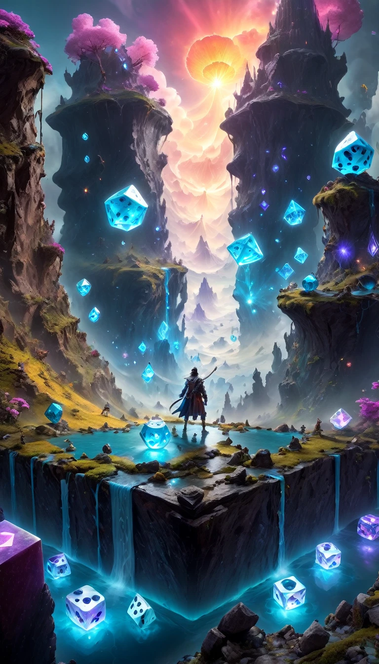 (best quality,4K,8K,high resolution,masterpiece:1.2), Super detailed, (actual,photoactual,photo-actual:1.37), Roll the dice, Magical Realism, fantasy, Dungeons and Dragons, Surreal landscape, ethereal lights, Mysterious aura, intricate details, bright colors, dreamlike atmosphere, magical creatures, Intricate dice design, Immersive worlds, occult symbols, Imaginative artwork, Mesmerizing composition, otherworldly elements, mythology figure, dynamic poses, epic adventure, fantastic scenery, intriguing visuals.