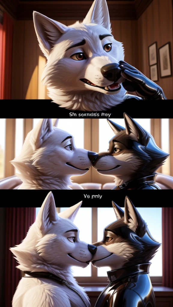Comic sequence, multiple close up detail shots, multiple image, (masterpiece, best quality, high quality, High definition, highly detailed face and eyes, High quality texture, High quality shadow, Ultra realistic, high detail, beautiful detailed, finely detailed, detailed texture, full body image), a slimey latex inflatable gary \(zootopia\) and an shota gay man hugging and kissing each other passionately on the lips, gary extremely sexually pleasuring human body, gary and human are intimately in love, sweat:1.5, bokeh:1.3, face, feral, male, gary \(zootopia\), nude, (white body:1.4), white fur, brown eyes, zootopia, canine, wolf, detailed shiny latex fur, very glossy nose, glossy black lips, male girly femboy, finger claws, 5 fingers, paws, 4 toes, fluffy tail, fluffy chest fur, fluffy neck fur, latex inflatable, zipper on chest zipped up, 4k, 8k, photorealistic, ultrarealistic, quality lighting, detailed face, detailed eyes, detailed hands, detailed paws, perfect face, photorealistic, nsfw, detailed background, bedroom, perfect anatomy, (kemono, wolf feral)assorted expressions, assorted sexual poses, assorted angles(nsfw adult comic-like panel layouts, speech balloon, english text, Hand-drawn sound effects stickers used in adult comic), squeaky inflatable sound effects, nudity