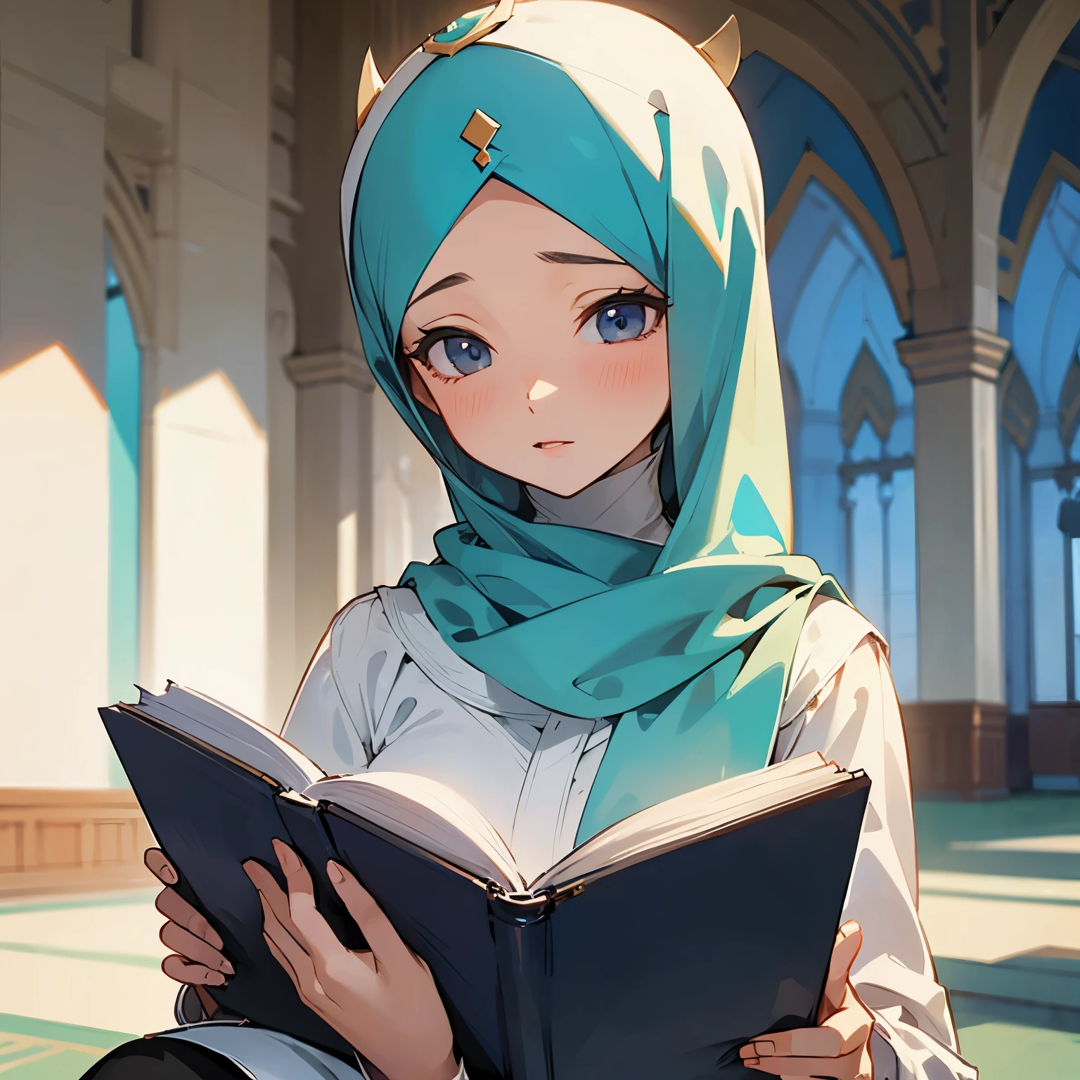 Produce an exceptionally detailed and lifelike scene portraying a young Malay girl, elegantly adorned in a hijab, immersed in a library. Her expression should reflect sheer surprise as magical fairies burst forth from the book she's reading. Strive for impeccable photorealism and an 8K resolution with a dynamic depth of field