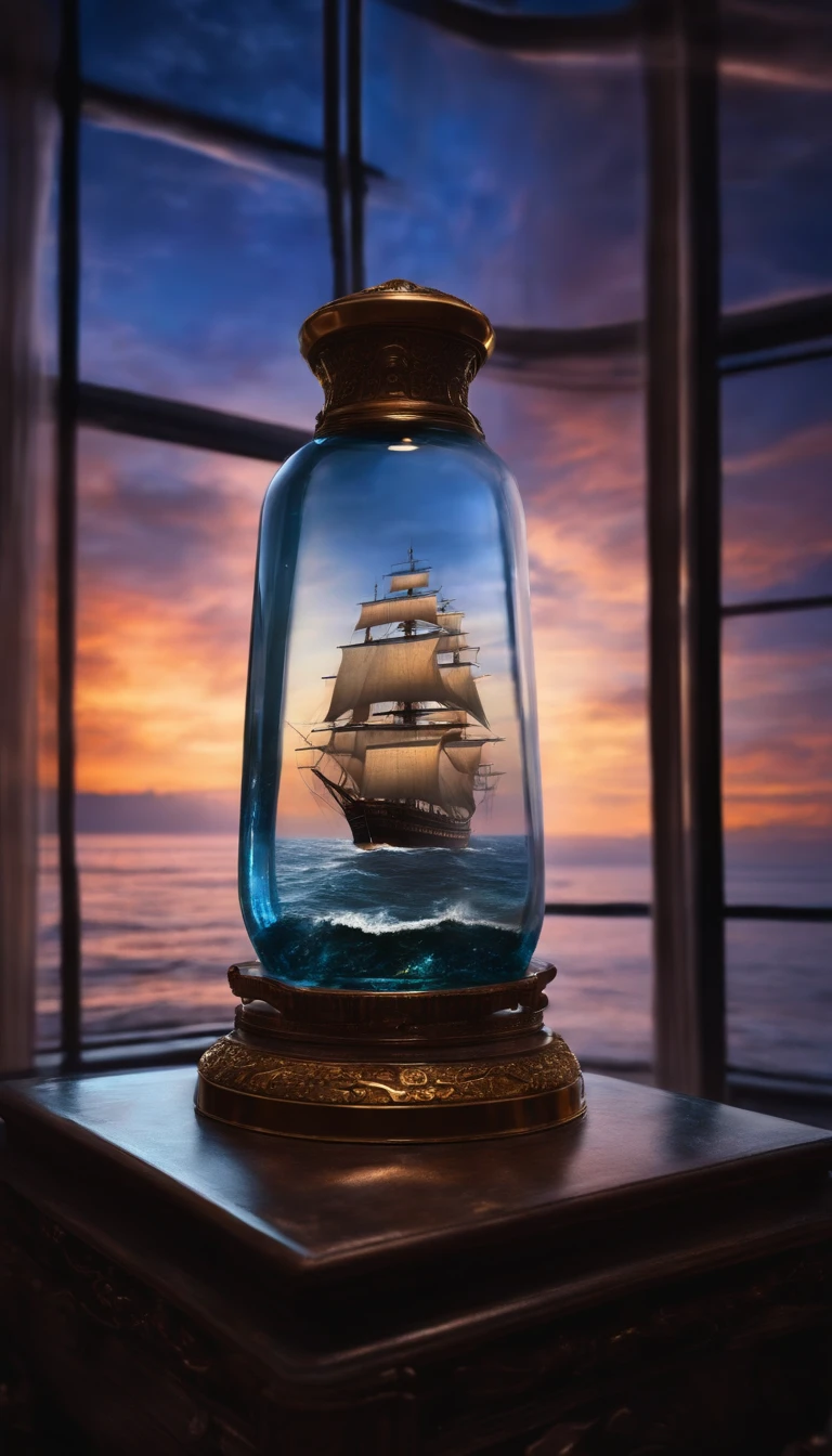 perfume bottle，It is flanked by a translucent ocean of blue nebulae + majestic ship, ethereal, cinematic, The light from the rear window is backlit, Creepy art station trends, Super detailed, matte painting, photo, Arnold Renderer -- Test -- Creative -- UpBeta