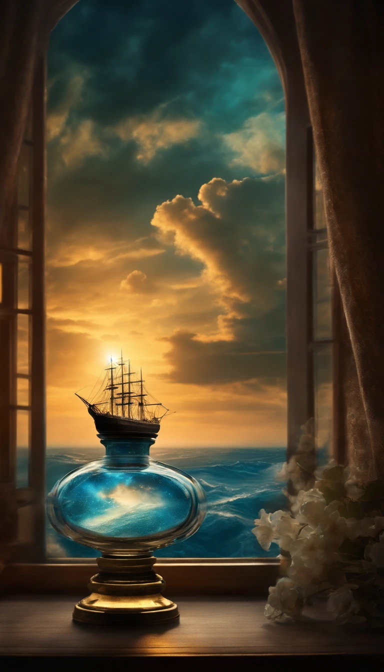 perfume bottle,It is flanked by a translucent ocean of blue nebulae + majestic ship, ethereal, cinematic, The light from the rear window is backlit, Creepy art station trends, Super detailed, matte painting, photo, Arnold Renderer -- Test -- Creative -- UpBeta