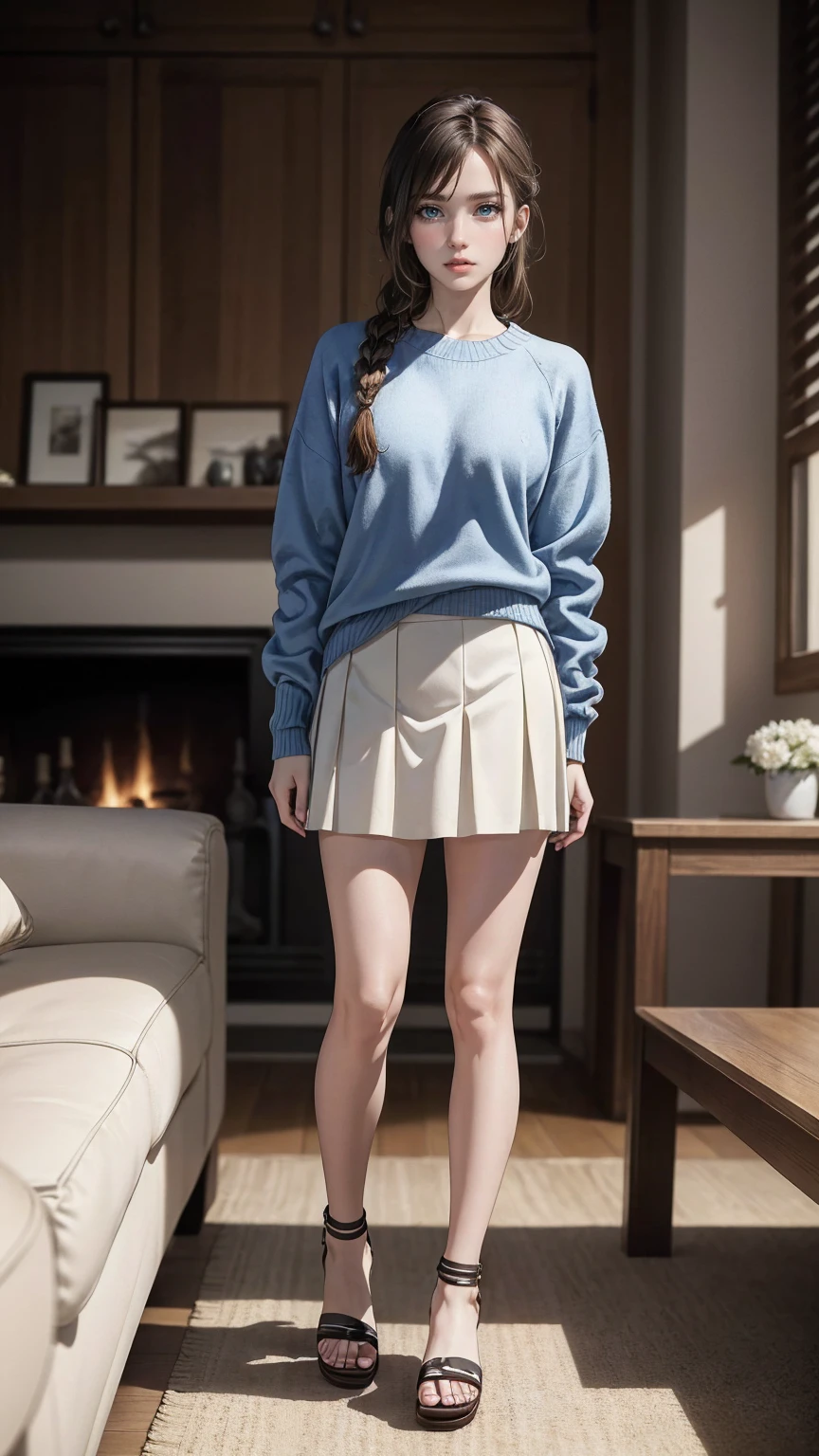 ((最high quality, 8K, masterpiece: 1.3, Ultra HD, high quality, 最high quality, High resolution, realism)) 、(high color saturation:1.0), (highly detailed skin), (最high quality:1.0), (超High resolution:1.0) ,(realistic:1.0), (Super detailed:1.0), (8K, Raw photo:1.1), slender、Slender, muscular body that's toned like an athlete's、23 year old white female、Hair color is brunette、Eye color is indigo、loosely braided、jumper skirt((jumper skirt))wear、wear sandals、In a stylish living room