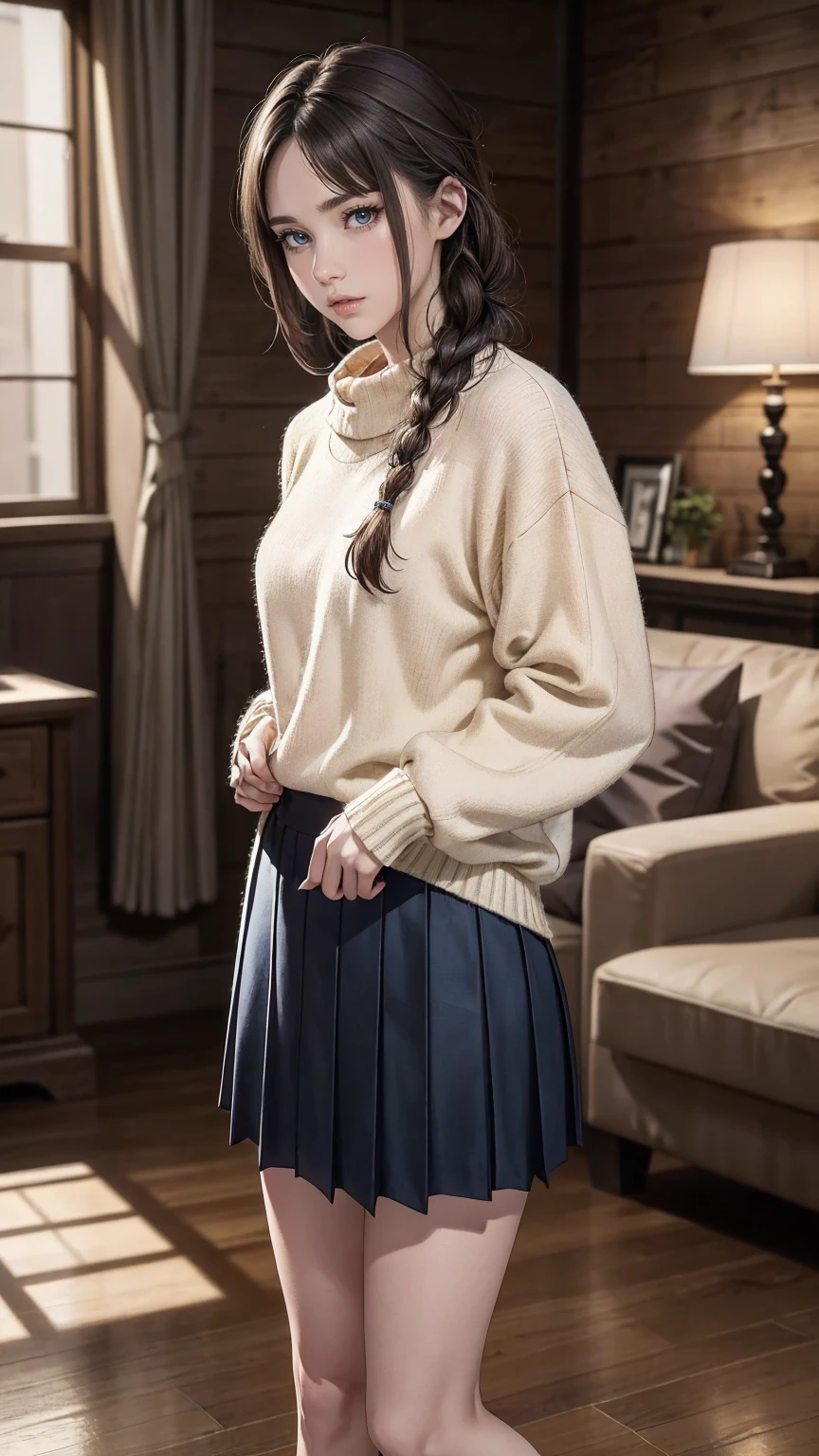 ((最high quality, 8K, masterpiece: 1.3, Ultra HD, high quality, 最high quality, High resolution, realism)) 、(high color saturation:1.0), (highly detailed skin), (最high quality:1.0), (超High resolution:1.0) ,(realistic:1.0), (Super detailed:1.0), (8K, Raw photo:1.1), slender、Slender, muscular body that's toned like an athlete's、23 year old white female、Hair color is brunette、Eye color is indigo、loosely braided、jumper skirt((jumper skirt))wear、wear sandals、In a stylish living room