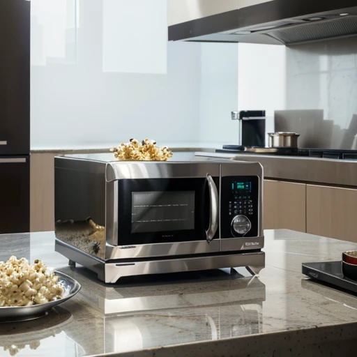 best quality,4k,highres,ultra-detailed,realistic,microwave,popcorn,modern kitchen,chrome finish,elegant design,stainless steel interior,LED display,digital controls,quick heating,multiple power levels,rotating turntable,cooking timer,defrost function,food warming,convenient,effortless cooking,compact size,space-saving,essential kitchen appliance