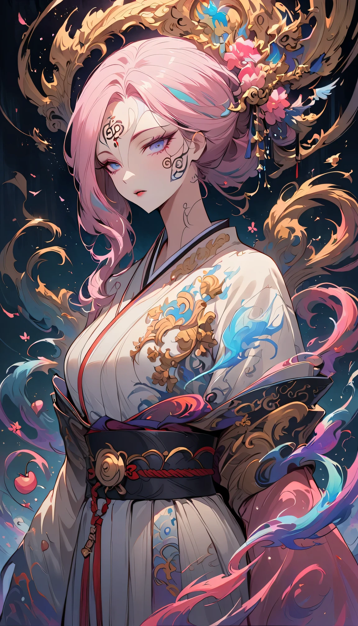 surreal, Very detailed, and a high resolution 16k image of a young man, Beautiful female ghost or guardian angel. She has light pink hair and translucent skin, Wearing a traditional Japanese kimono，face tattoo(Meaningful Chinese character writing:1.1)，There is a small cherry blossom pattern on the belt. The image captures the ethereal beauty and mystery of the world. Style inspired by sophistication, Soft aesthetics in traditional Japanese art.