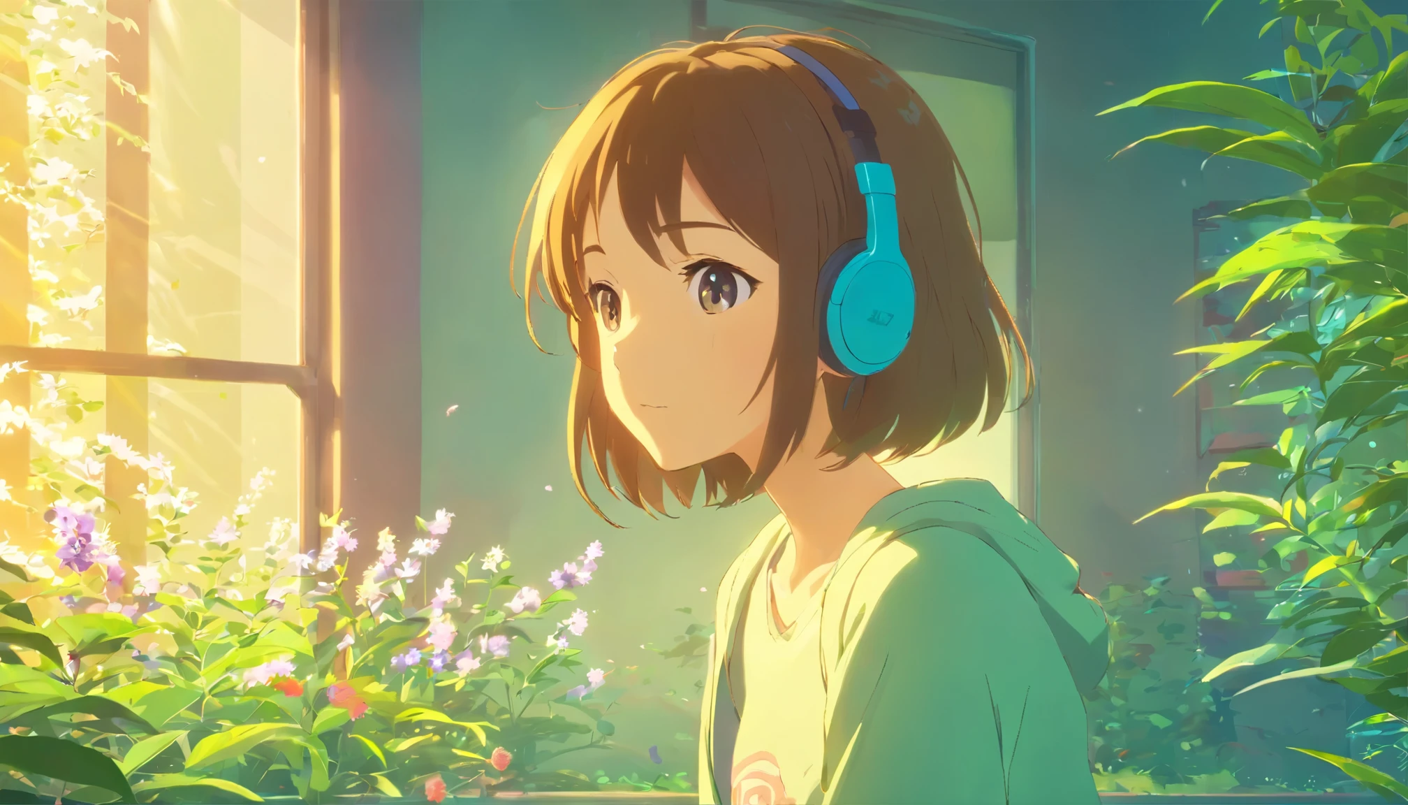 -Focus on a European hippie-style girl meditating in a room。
・The girl has a dreamy expression、wearing headphones。
In the background、A calming landscape of forests and flowers spreads out before you.．
- Use analog color themes、Choose warm colors。
・As seen in Studio Ghibli movies、Incorporate dreamy and colorful elements。