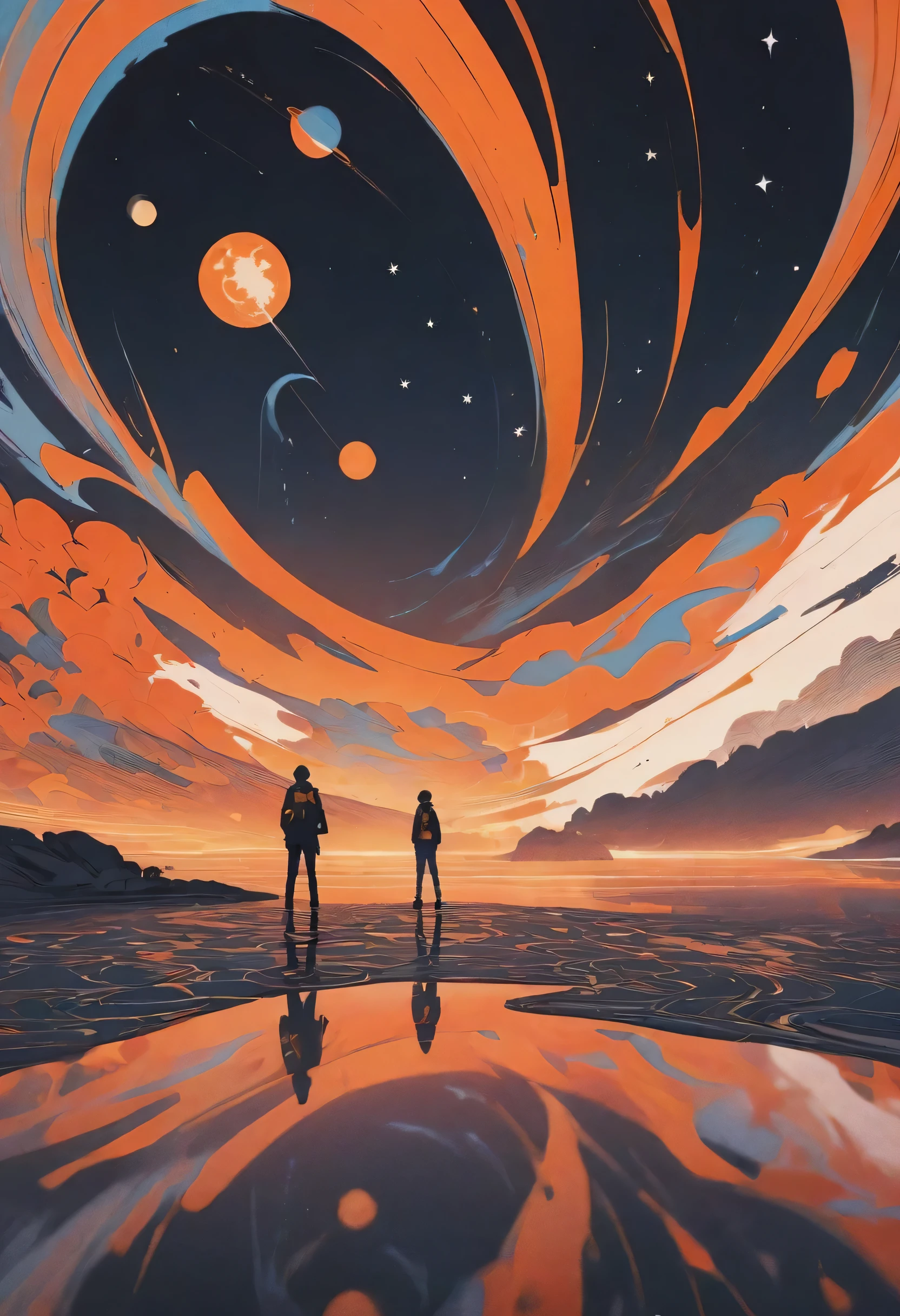 abstract painting,Linoleum cut of a teenager standing on reflective water under the stars,meteor,Energetic,Black and White,orange color,texture,pattern