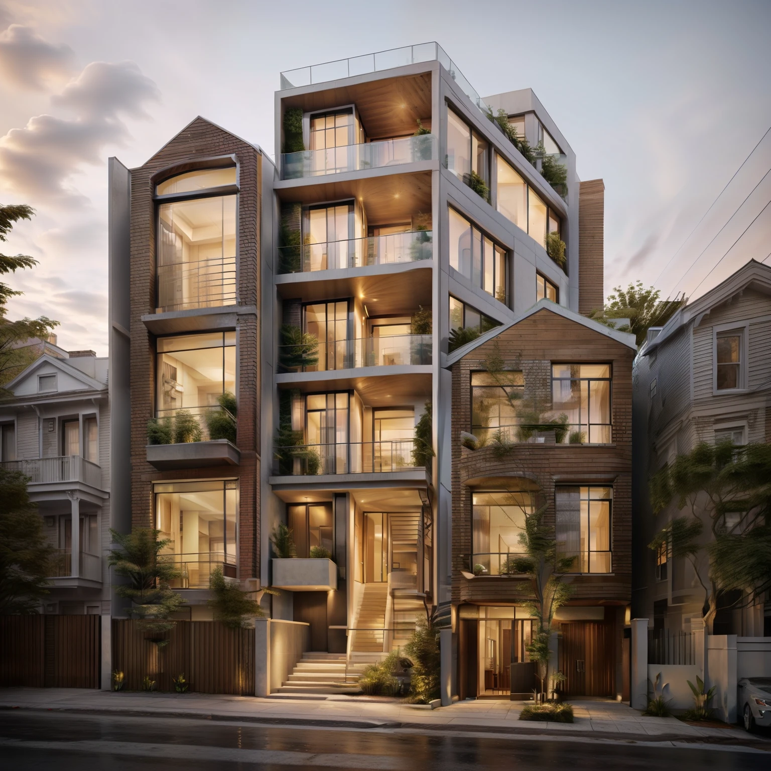 a rendering of a tall building with a staircase going up beside ramp down to the basement, elevation view, front-view, 3 / 4 view, 3/4 view, from street level, 3/4 view from below, mid-view, artists impression, street elevation, artist impression, front elevation view, view from ground level, building facing, contemporary architecture, townhouse, trees on street, cars, people,