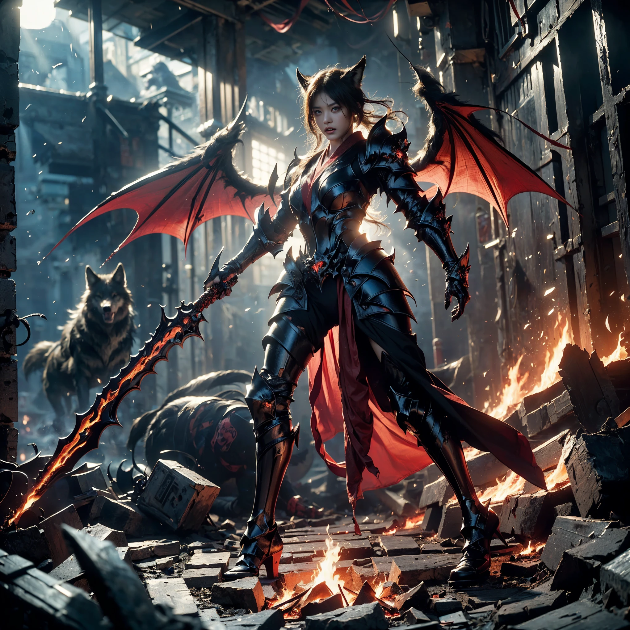(((Realistic, masterpiece, best quality, crisp detail, high definition, high detail, very rich detail, sharp focus, sharp detail, colorful, rich color, perfect studio lightning))), ((20 years old, beautiful devil, kasumi arimura, evil gothic make up, flying, floating)),(((in the middle of war, epic war scene, attack stance))), wearing (((beautiful decorated black heavy armor, dark dragon armor, decorated full body armor, fully armored beautiful kimono, wide fire diabolos wings))), (flying, holding giant blade, blood scattered face, blood tears, blood bath, blood shed), (((fire everywhere, blood everywhere, death everywhere, japan bakumatsu period, dead bodies,carcass,burned japanese castle, cerberus, three headed wolves, were wolves, hellish,chaos, inferno)) traditional village background, dark atmosphere, bloody night)