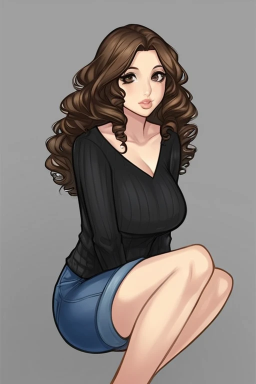 1woman, woman, light-skin, brunette, brown hair, long hair, curly hair, dark brown eyes, big eyes, full lips, sitting, arms crossed, black sweater, jeans