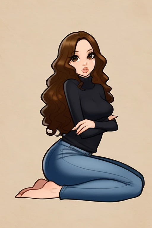 1woman, woman, light-skin, brunette, brown hair, long hair, curly hair, dark brown eyes, big eyes, full lips, sitting, arms crossed, black sweater, jeans