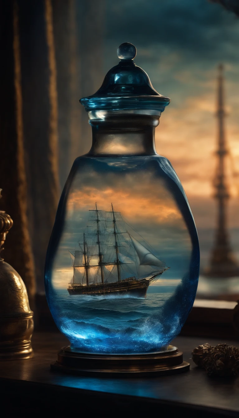 perfume bottle,It is flanked by a translucent ocean of blue nebulae + majestic ship, ethereal, cinematic, The light from the rear window is backlit, Creepy art station trends, Super detailed, matte painting, photo, Arnold Renderer -- Test -- Creative -- UpBeta