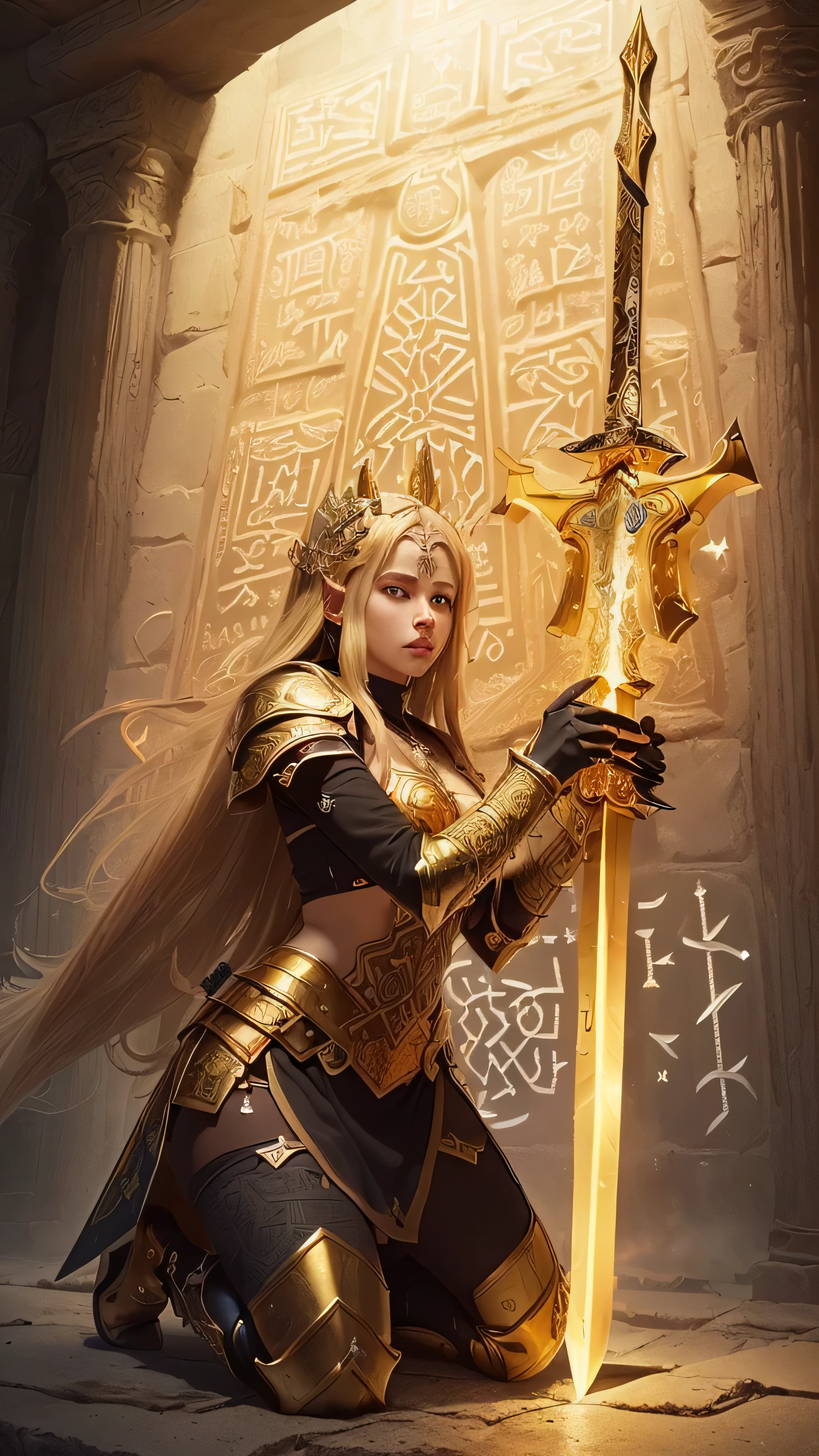 (masterpiece:0.8, best quality:1.5), intricate:1.8, (((((ONE gigantic wide golden sword, glowing runes, etching, ancient power))))), kneeling paladin woman medieval armor black chrome