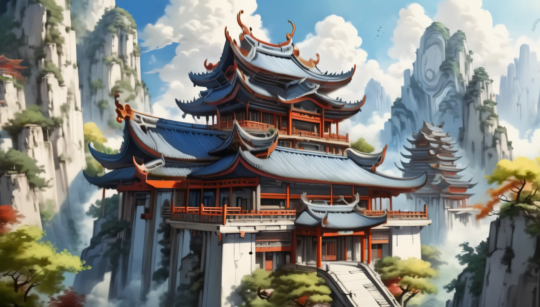 Chinese traditional architecture,Temple as the main body，mountains，dense woods，summer,sunshine,Blue sky and white clouds