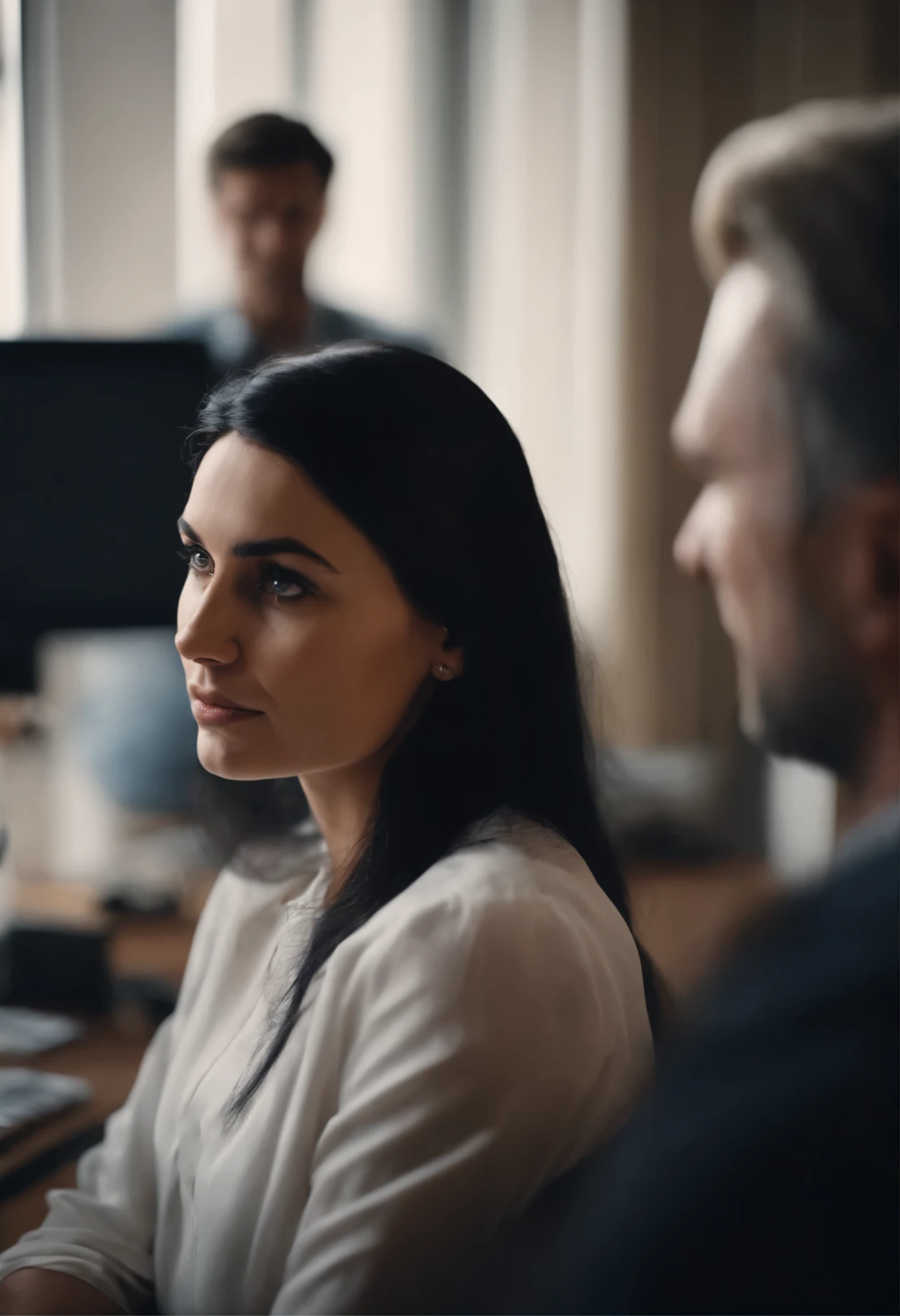 Young woman with long black hair in office with man with short hair slightly curled 