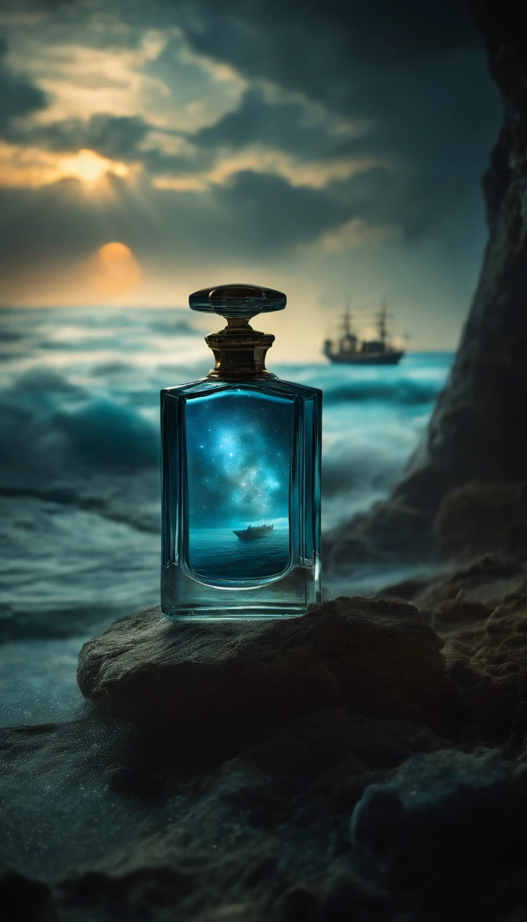 perfume bottle，It is flanked by a translucent ocean of blue nebulae + majestic ship, ethereal, cinematic, The light from the rear window is backlit, Creepy art station trends, Super detailed, matte painting, photo, Arnold Renderer -- Test -- Creative -- UpBeta