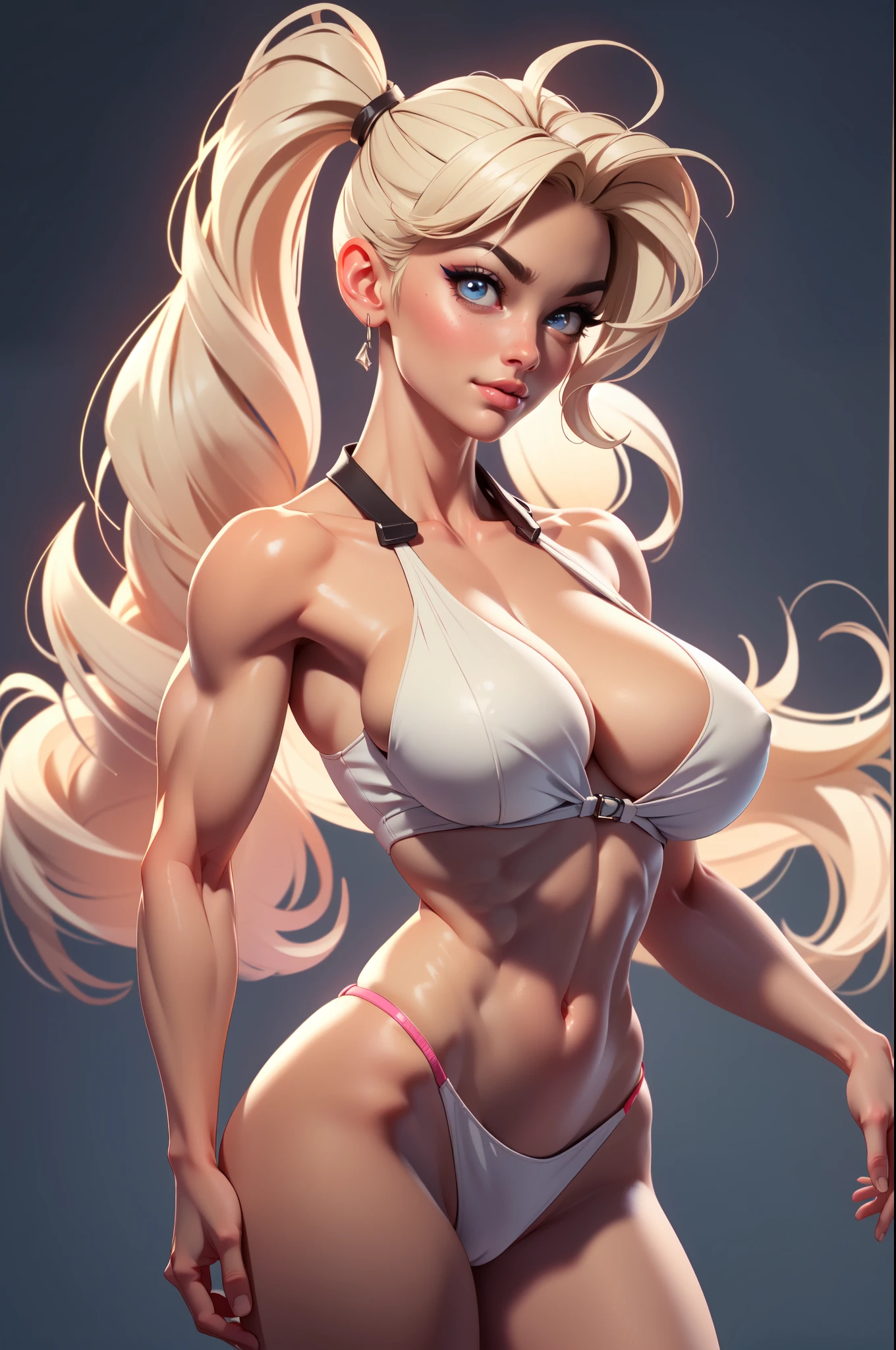 Drawing of platinum blonde katopunk female fitness model, hair in pigtails, toned body, feminine, (large breast implants:1.1), torso shot, wide shoulders, veins, beautiful face, detailed eyes, perfect eyes, makeup, full lips, slim face, high cheekbones, (best quality, highres, ultra-detailed, realistic), muscular arms, defined abs, 8-pack abs, confident expression, smirk, (nude:1.0), (totally naked:1.0), hard nipples, lovely gaze, light colors, dynamic lighting, artwork, blank background,