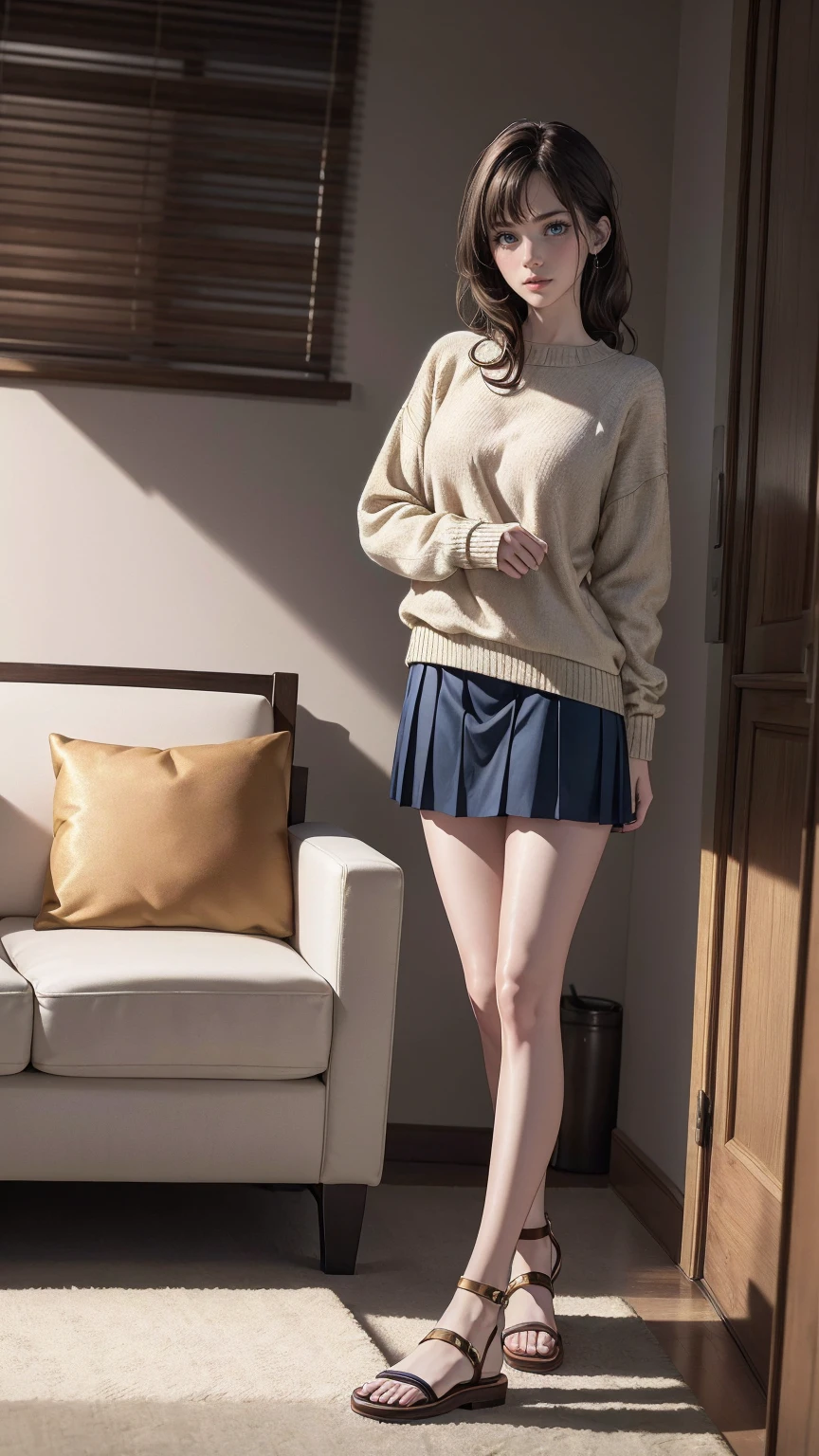 ((最high quality, 8K, masterpiece: 1.3, Ultra HD, high quality, 最high quality, High resolution, realism)) 、(high color saturation:1.0), (highly detailed skin), (最high quality:1.0), (超High resolution:1.0) ,(realistic:1.0), (Super detailed:1.0), (8K, Raw photo:1.1), slender、Slender, muscular body that's toned like an athlete's、23 year old white female、Hair color is brunette、Eye color is indigo、loosely braided、jumper skirt((jumper skirt))wear、wear sandals、In a stylish living room