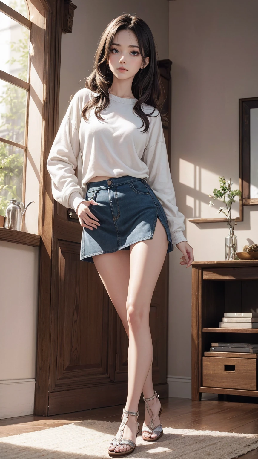 ((最high quality, 8K, masterpiece: 1.3, Ultra HD, high quality, 最high quality, High resolution, realism)) 、(high color saturation:1.0), (highly detailed skin), (最high quality:1.0), (超High resolution:1.0) ,(realistic:1.0), (Super detailed:1.0), (8K, Raw photo:1.1), slender、Slender, muscular body that's toned like an athlete's、23 year old white female、Hair color is brunette、Eye color is indigo、loosely braided、jumper skirt((jumper skirt))wear、wear sandals、In a stylish living room