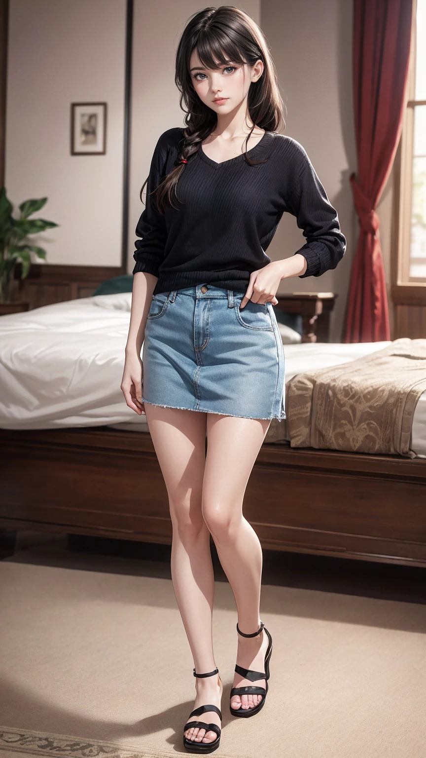 ((最high quality, 8K, masterpiece: 1.3, Ultra HD, high quality, 最high quality, High resolution, realism)) 、(high color saturation:1.0), (highly detailed skin), (最high quality:1.0), (超High resolution:1.0) ,(realistic:1.0), (Super detailed:1.0), (8K, Raw photo:1.1), slender、Slender, muscular body that's toned like an athlete's、23 year old white female、Hair color is brunette、Eye color is indigo、loosely braided、jumper skirt((jumper skirt))wear、wear sandals、In a stylish living room
