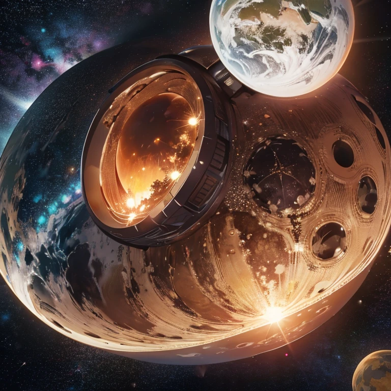 Fassa uma imagem do planeta Terra com duas luas e um asteroide passando de lado dele com o sol refletindo