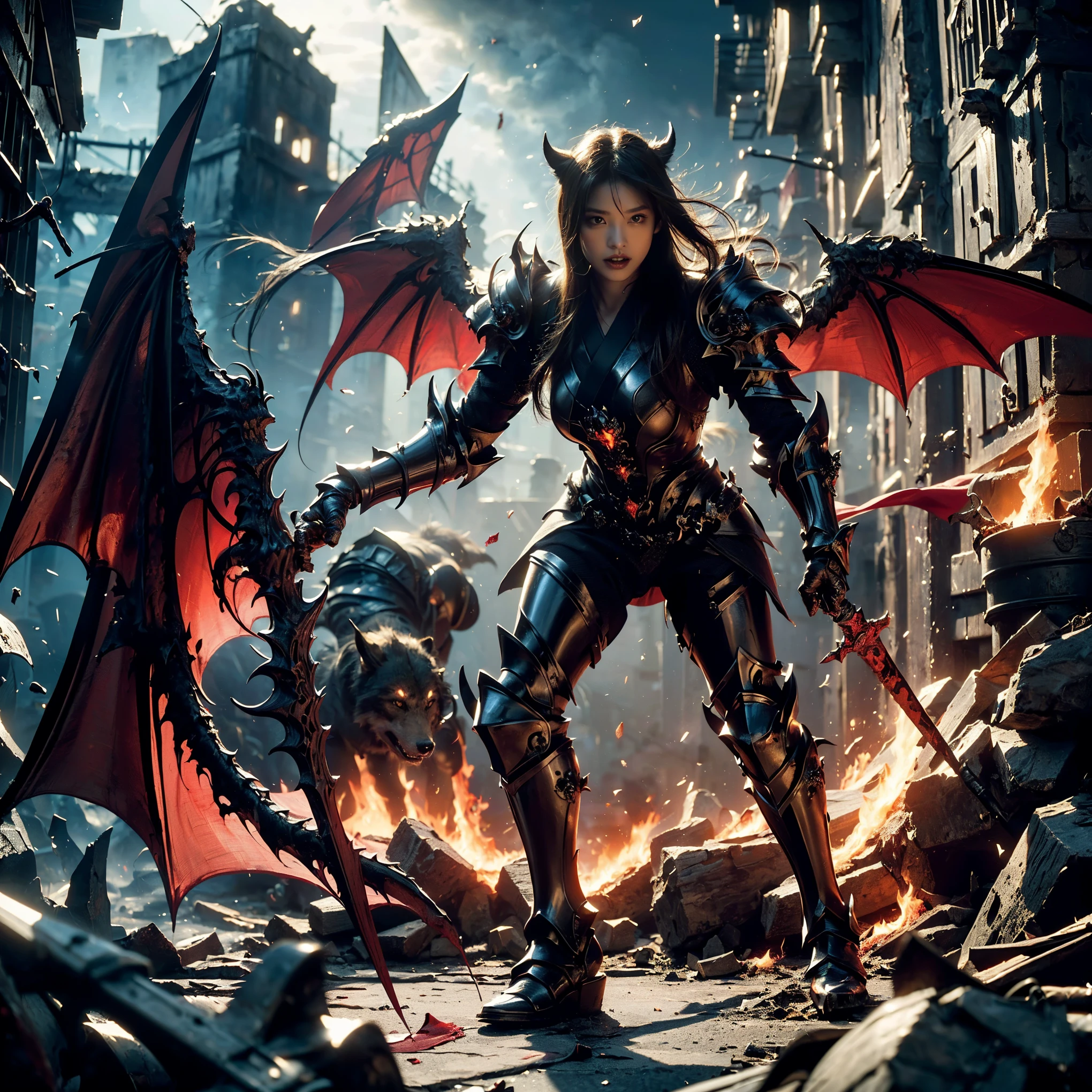 (((Realistic, masterpiece, best quality, crisp detail, high definition, high detail, very rich detail, sharp focus, sharp detail, colorful, rich color, perfect studio lightning))), ((20 years old, beautiful devil, kasumi arimura, evil gothic make up, flying, floating)),(((in the middle of war, epic war scene, attack stance))), wearing (((beautiful decorated black heavy armor, dark dragon armor, decorated full body armor, fully armored beautiful kimono, wide fire diabolos wings, devil's tail))), (flying, holding giant blade, blood scattered face, blood tears, blood bath, blood shed), (((fire everywhere, blood everywhere, death everywhere, japan bakumatsu period, dead bodies,carcass,burned japanese castle, cerberus, three headed wolves, were wolves, hellish,chaos, inferno)) traditional village background, dark atmosphere, bloody night)