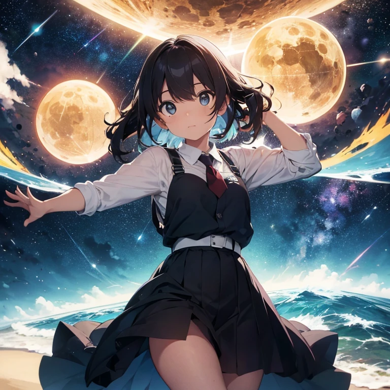 Light blue and white striped dress、Red ribbon、Barefoot and Mules、universe, Big Moon, Night sky and starry sky、Girl with short cut black hair、Standing posture、She lifted her skirt to reveal her pretty white underwear.