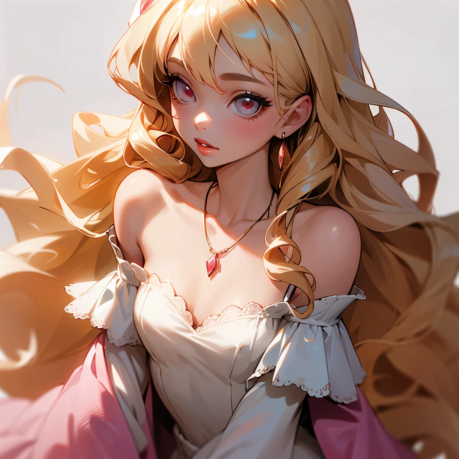 Young woman with long curly blonde hair with bright honey eyes with light pink lips light skin wearing a little bloodstained off-the-shoulder dress with a small necklace