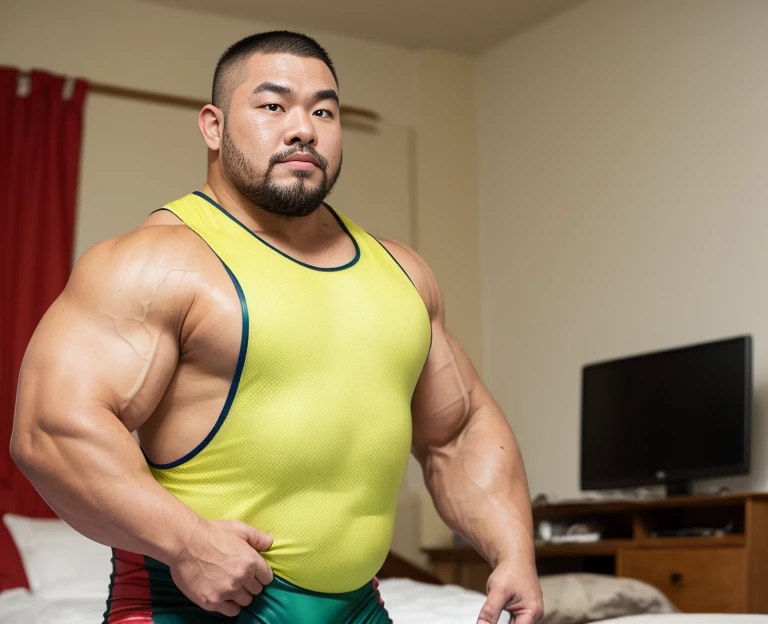 (wearing wrestling singlet:1.4), fat face, (inside bedroom:1.2), Japanese man, Chinese man, Korean man, Taiwanese man, manly face, (round face:1.4), (monolid eyes:1.2), (buzz cut:1.4), very large and strong body, bulging muscles, very large pectoral muscles, muscular arms, muscular abs, muscular legs, muscular back, brightens oily skin, master piece, realistic, panorama, distant view