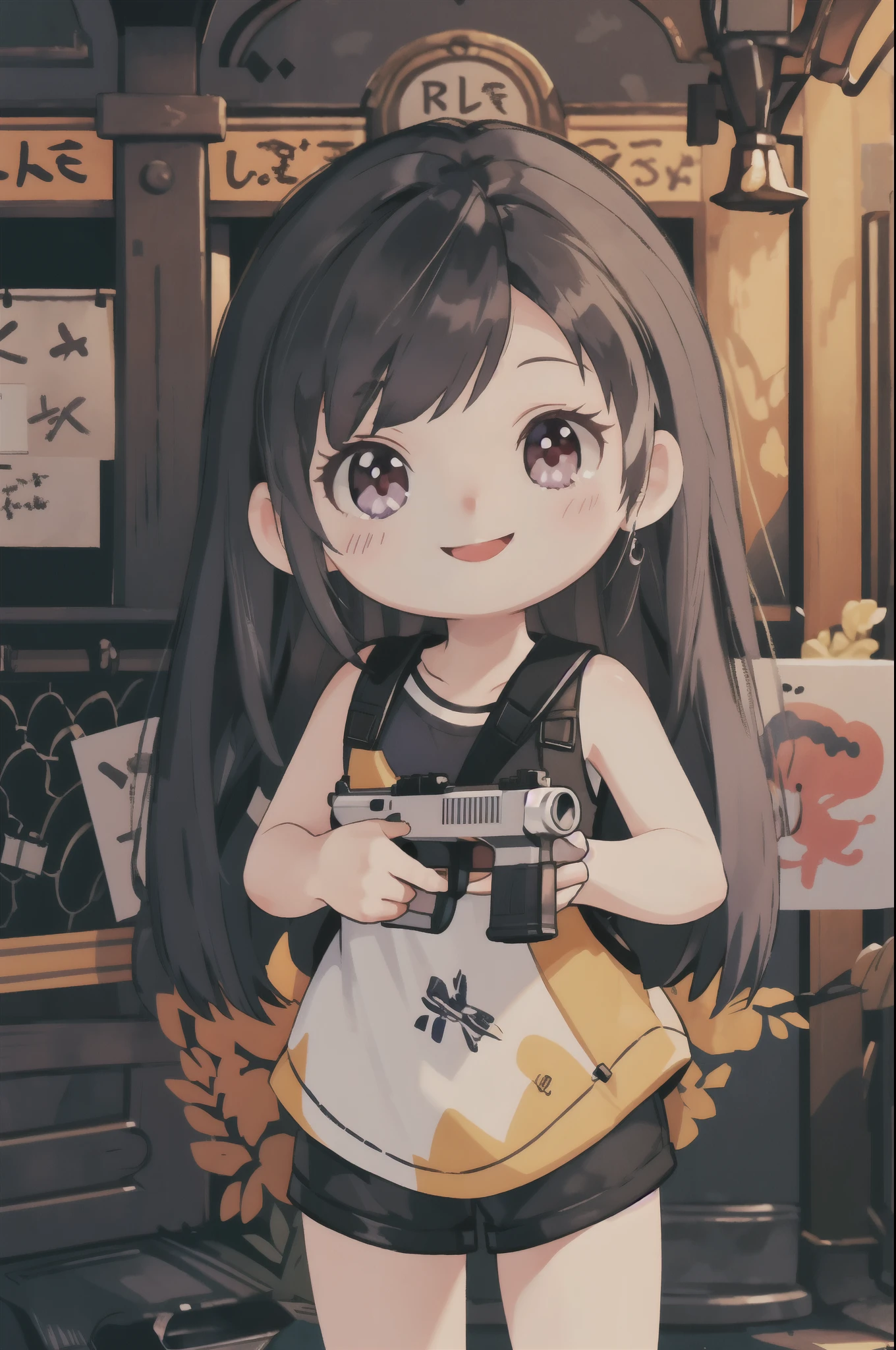 (highest quality,masterpiece, HDR,UHD,8K,Bright colors, extreme details, Professional:1.1),
(pale skin, perfect skin, red iris, thin lips, thin mouth, long hair: 1.1),
1 , 
looking at the viewer, (enchanting smile:1.4),
 Chibikko Tifa,
head_tilt,((Filmography:1.2) closed), ( holding a pistol, Aiming at the audience, hand gun:1.1)