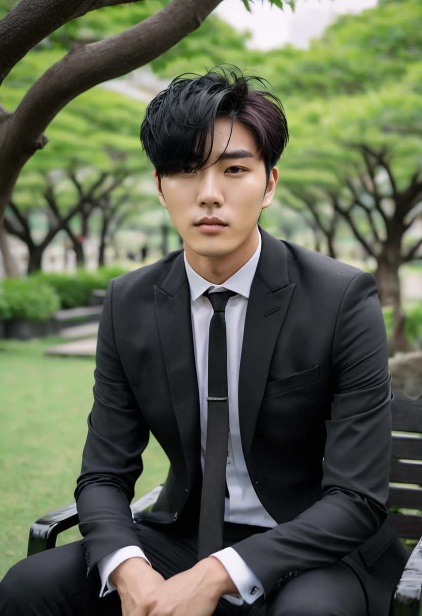 face portrait of a handsome Korean guy with a sturdy body, short emo style hair, wearing a black suit, black tie, sitting on a chair in the park, cloudy atmosphere, in a shady tree garden, taken from the best camera