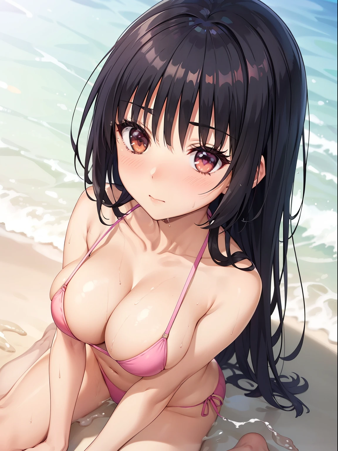 ((highest quality, High resolution,  perfect pixel, written boundary depth, 4k)), 1 girl,  beautiful anime girl, 
close, looking at the viewer, 
perfect body, 
, 
sntm, large breast, long hair, dark hair, 

pink micro bikini, 
(blush:1.2), shy, 
in beach,  wet hair, wet body, 
wariza, hands between legs, 
from above, 