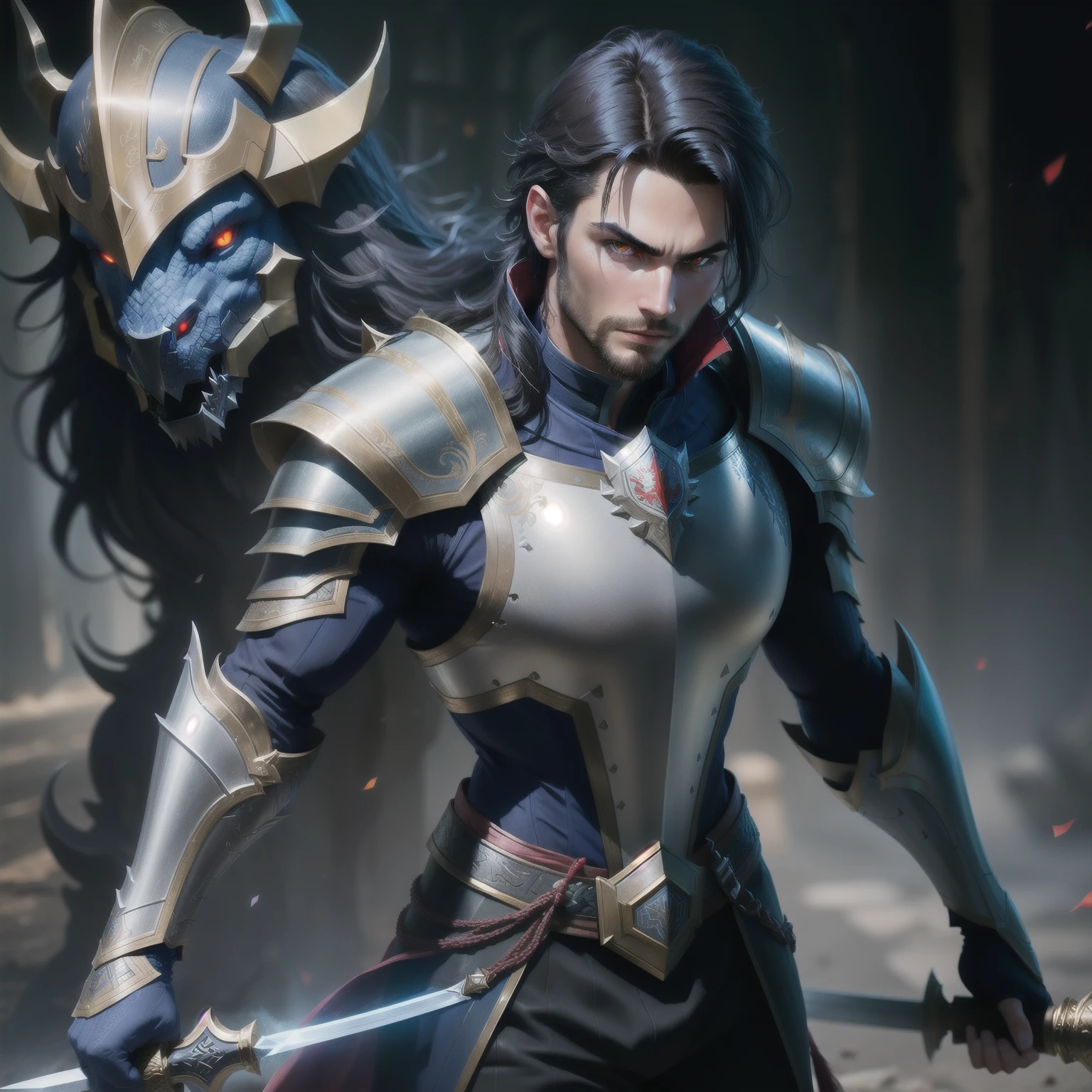 Male paladin with gray-black hair and red eye, black armor with dragon designs holding a sword, does not have a beard, dynamic pose, (detailed eyes, chromatic aberration, depth of field, soft lighting, masterpiece, best quality, intricate, 8K, incredible shadows, realistic, (highly detailed background:1.2)