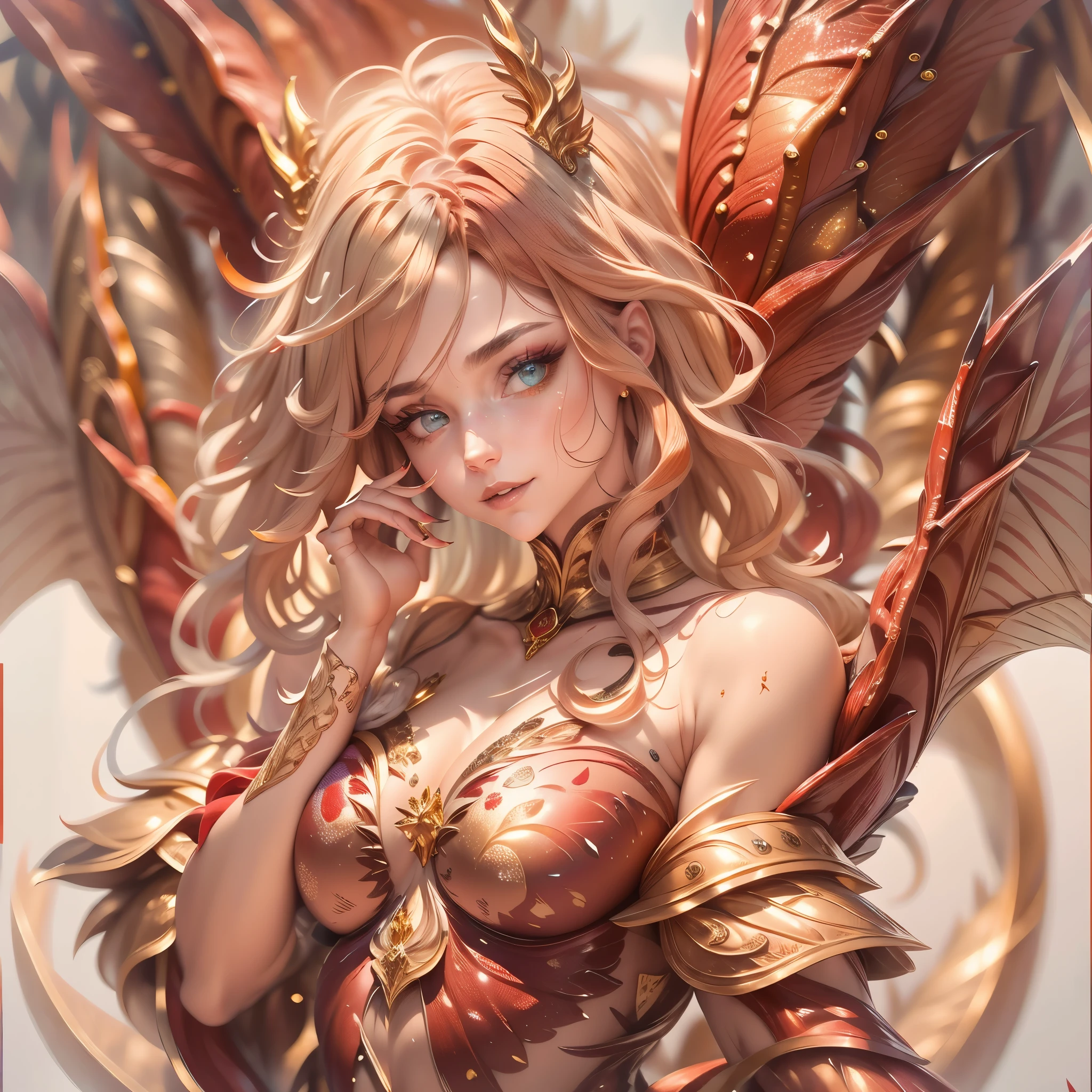 (best quality,4k,8k,highres,masterpiece:1.2, portrait), ultra-detailed, realistic, naked sexy dragon woman with red and gold glittering scales, skin is glittering ruby and golden scales, long wavy blonde hair with red highlights, very playful but mischievous smile, huge tits, gigantic breasts, naked, nude, detailed crotch, detailed vulva, sexy pose, playful, bi-coloured eyes, heterochromia, lustful