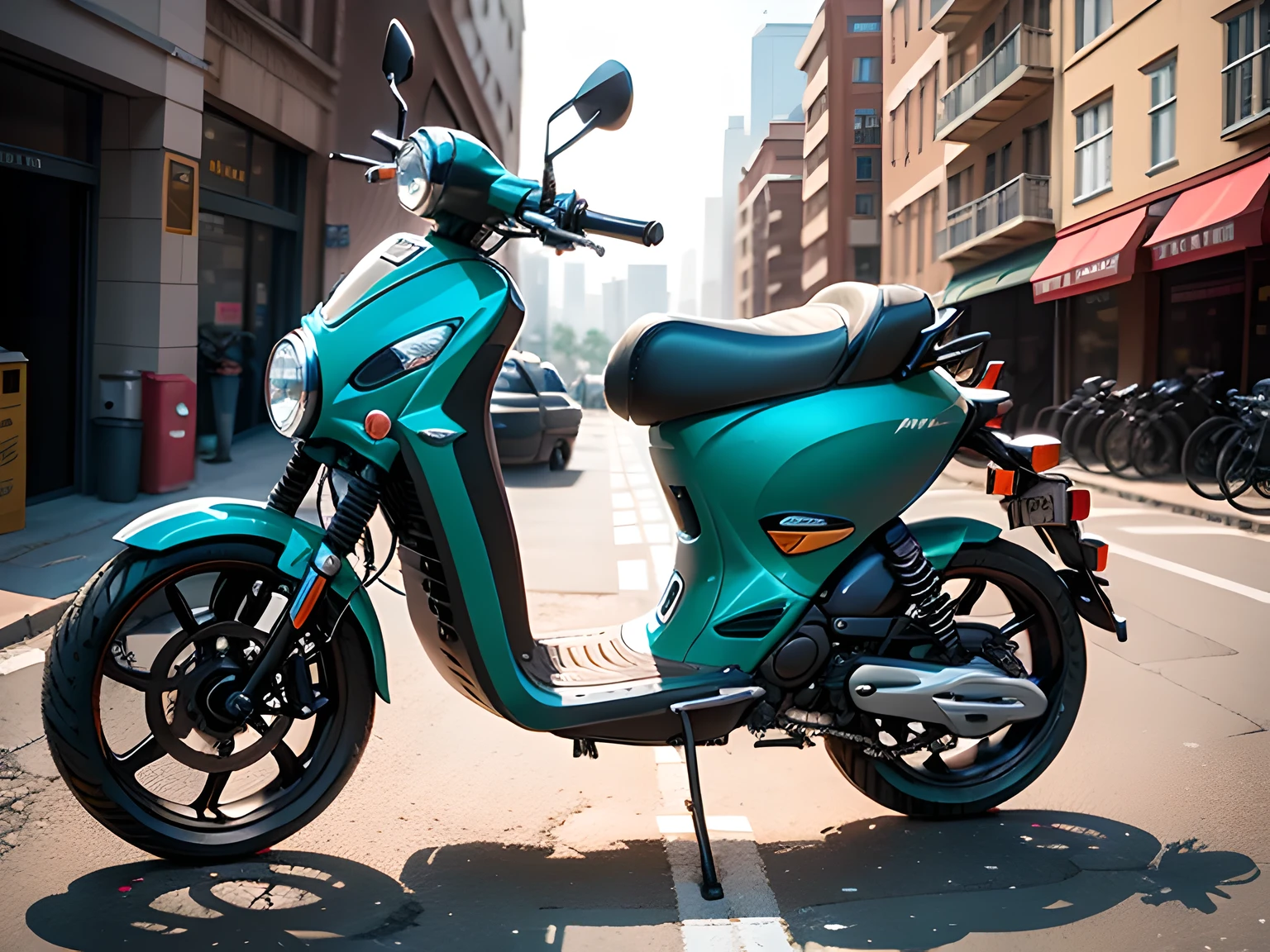 Moped motorcycle，Detailed side concept art，Detailed mechanical textures，Complete angle design，Model delivery，Engine displacement less than 50 cc，Maximum design speed 50 kilometers per hour，Compact structure，compact，Suitable for short-distance transportation within the city, White background，Remove parking lights，Added top view，