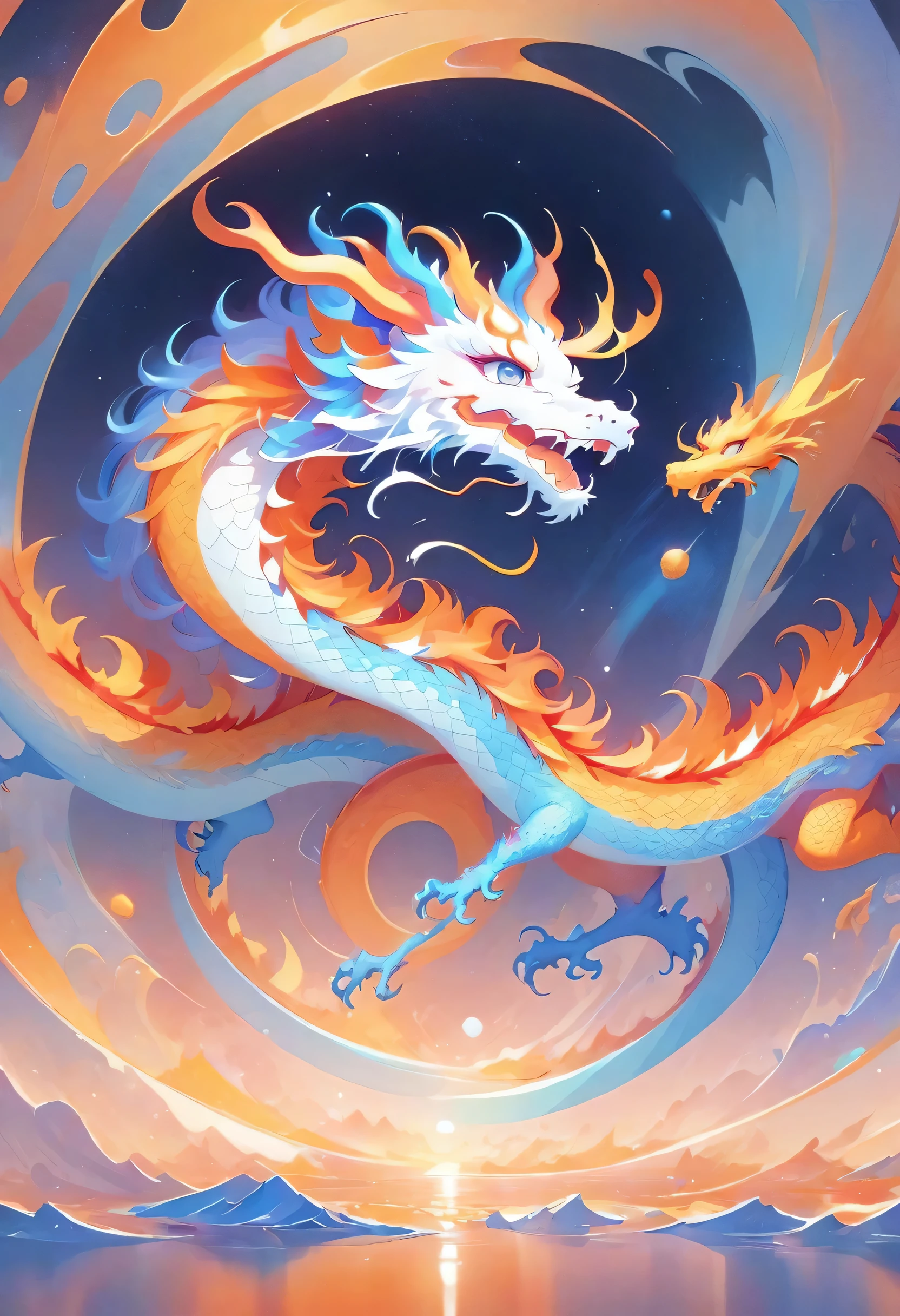 abstract painting,Chinese dragon,Linoleum cutting standing on reflective water under starry sky,meteor,Black and White,orange color,texture,pattern