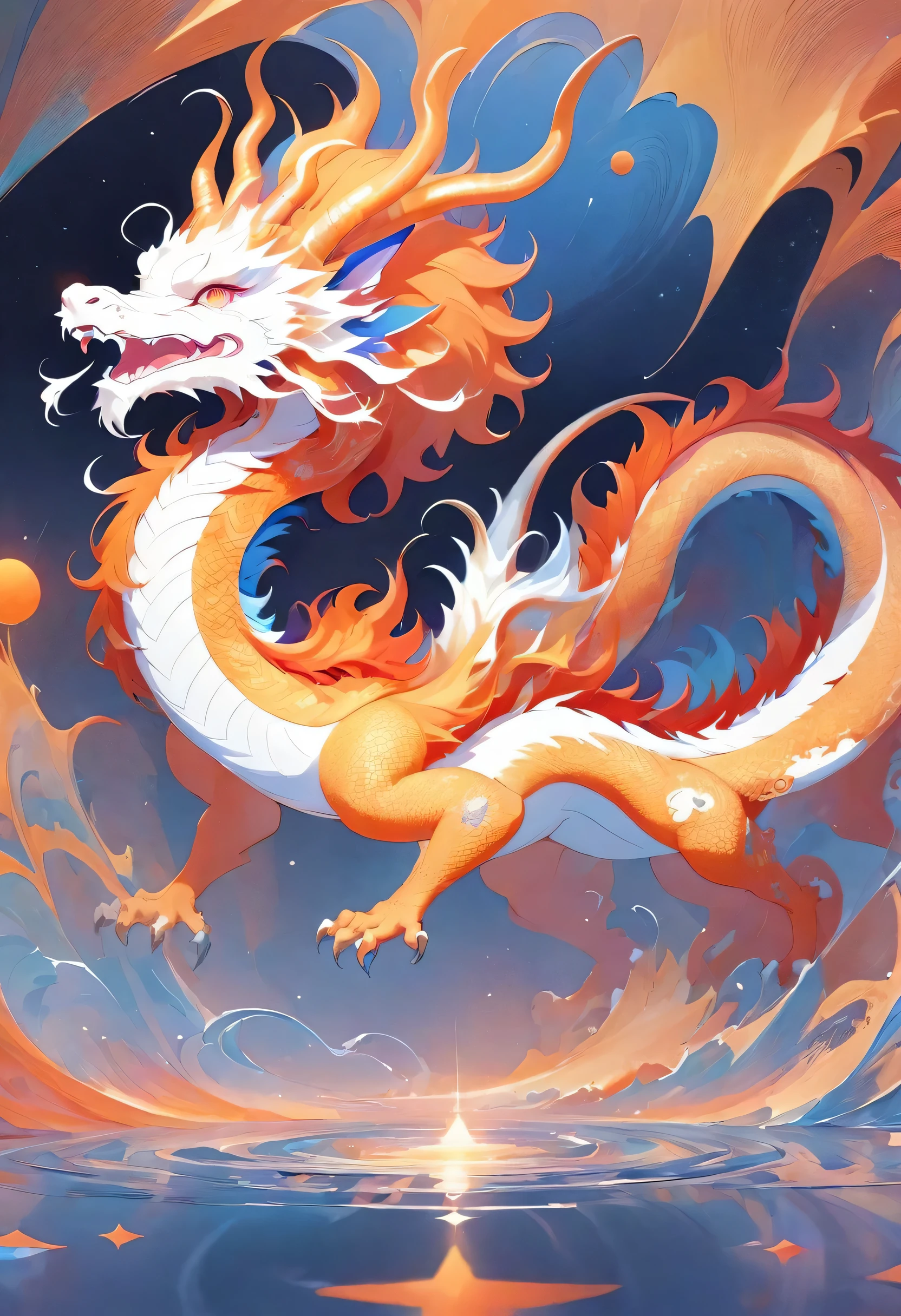 abstract painting,Chinese dragon,Linoleum cutting standing on reflective water under starry sky,meteor,Black and White,orange color,texture,pattern