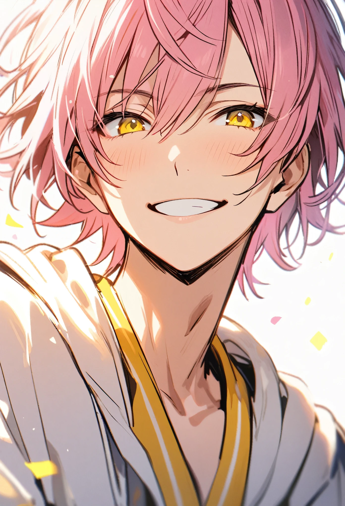 solo, 1 male, short hair, pink hair, yellow eyes, smile facial
