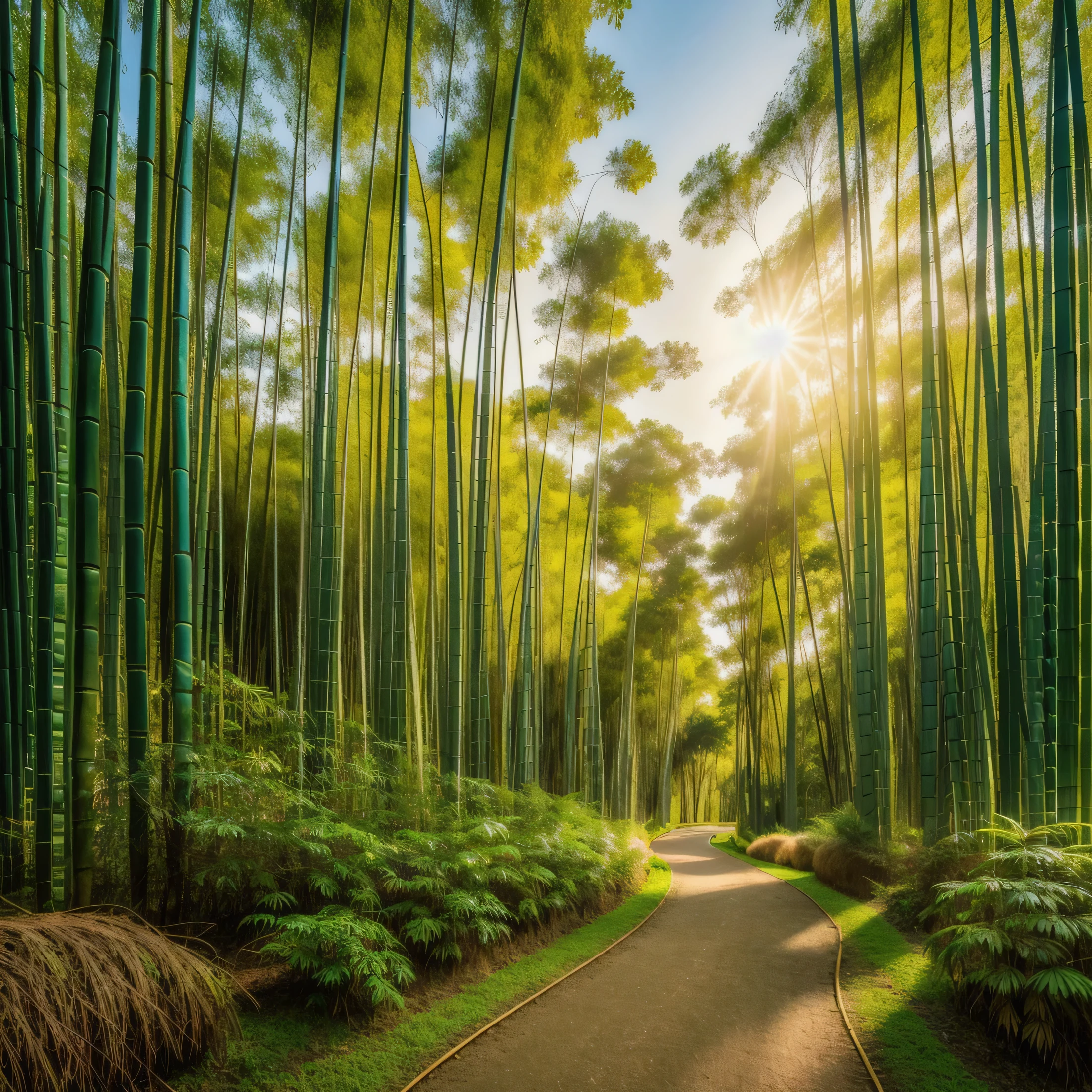 Bamboo Forest, in a very detailed Sharp photorealistic, highly micro detailed photo cinematic high resolution image, 5k dimension picture, pure beauty concept landscape, in dawn scenery, perfectly lightened