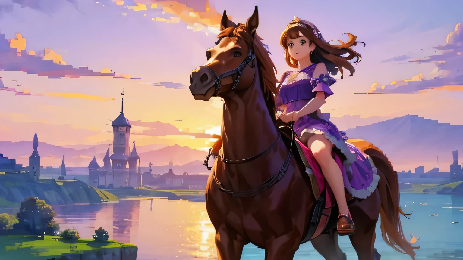 a princess, purple dress, brown hair, riding a horse, in a ship, pixel art