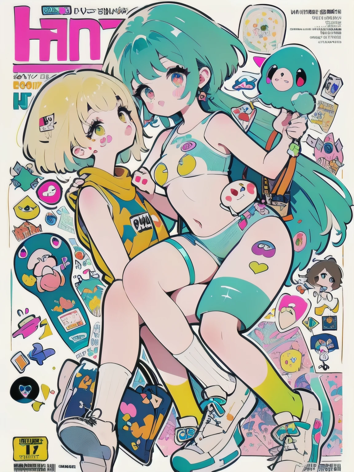 (((dynamic angle))), (((thick))),pink and blue hair, straight hair, dull bangs, yellow eyes, yellow eyelashes, Beautiful Girls in Anime ,clean small surfaces, (magazine cover:1), ((Full of sweets))、((purse your lips, Throw kiss, flirty smile)), (Lots of stickers:1.5), 1 cute girl, highest quality、ウルトラ - High resolution、High resolution、Detailed CG、8k unit wallpaper、17 years old、fine and beautiful eyes, (((Different types of colorful super shiny latex swimsuits)))、(shiny body,:1.5)、((bikini top, bikini bottom long socks、tech sneakers))、big breasts、full of embarrassment、(Ahegao:1.5), (Stick your tongue out a little), light and wind、Highly colored、Alphonse Mucha, shine, watercolor, abstract art, intricate details