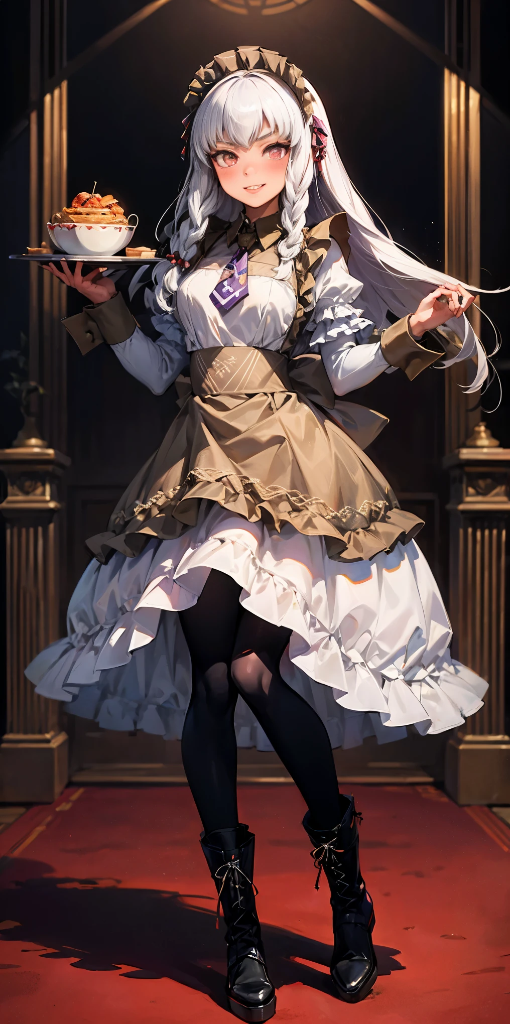 full body standing straight symmetrical, lustful smirking smile face red blush red cheeks, looking at viewer, holding tray, braid, maid headdress, maid, dress, apron, long sleeves, brown pantyhose, long leather militar boots, thighs, long white hair, masterpice