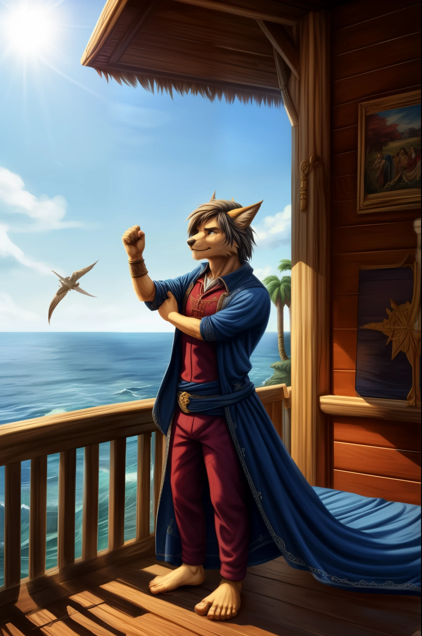 (((Barefoot furry character, full body, cinematic setting, male))) Masquerading as a man with a reason. My charade is the event of the season and if I claim to be a wise man, well it surely means that I don't know. On a stormy sea of moving emotion tossed about I'm like a ship on the ocean. I set a course for winds of fortune, but I hear the voices say: (Carry on my wayward son.) (There'll be peace when you are done.) (Lay your weary head to rest.) (Don't you cry no more.) BREAK, detailed background, 8K, (masterpiece:1.5), intricate details, highly detailed, extreme detail, octane render, fine art, best quality, highres, (detailed face:1.5), ((full_body)), UHD, (((perfect hands)))