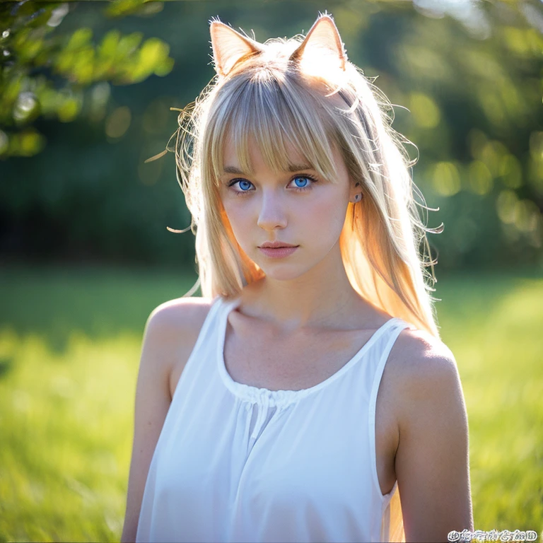 a cat eared white skin blond hair blue eyes girl standing under the total eclipse. fullbody.
