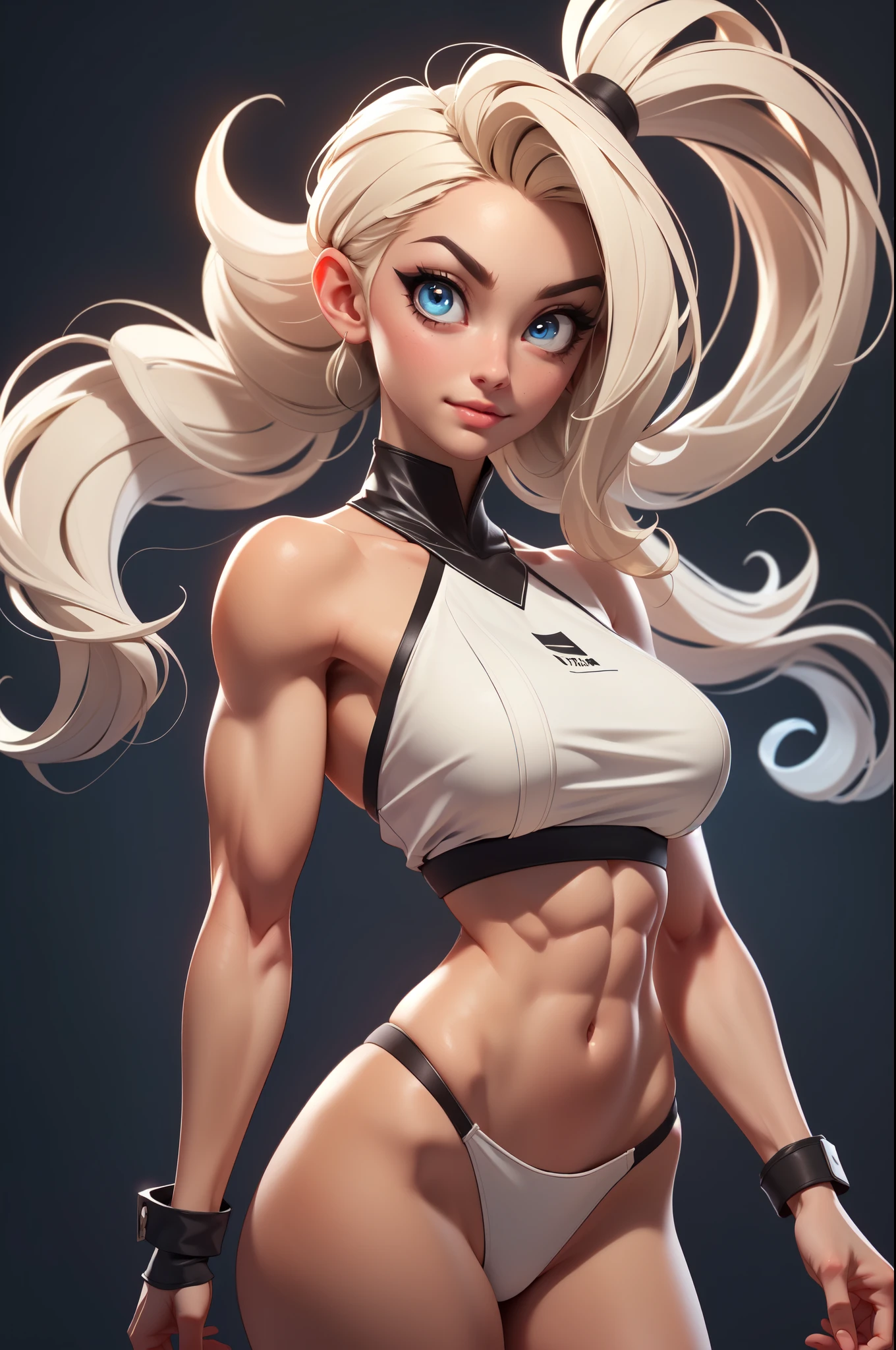 Drawing of platinum blonde katopunk female fitness model, hair in pigtails, toned body, feminine, (large breast implants:1.1), torso shot, wide shoulders, veins, beautiful face, detailed eyes, perfect eyes, makeup, full lips, slim face, high cheekbones, (best quality, highres, ultra-detailed, realistic), muscular arms, defined abs, 8-pack abs, confident expression, smirk, (nude:1.0), (totally naked:1.0), hard nipples, lovely gaze, light colors, dynamic lighting, artwork, blank background, topless