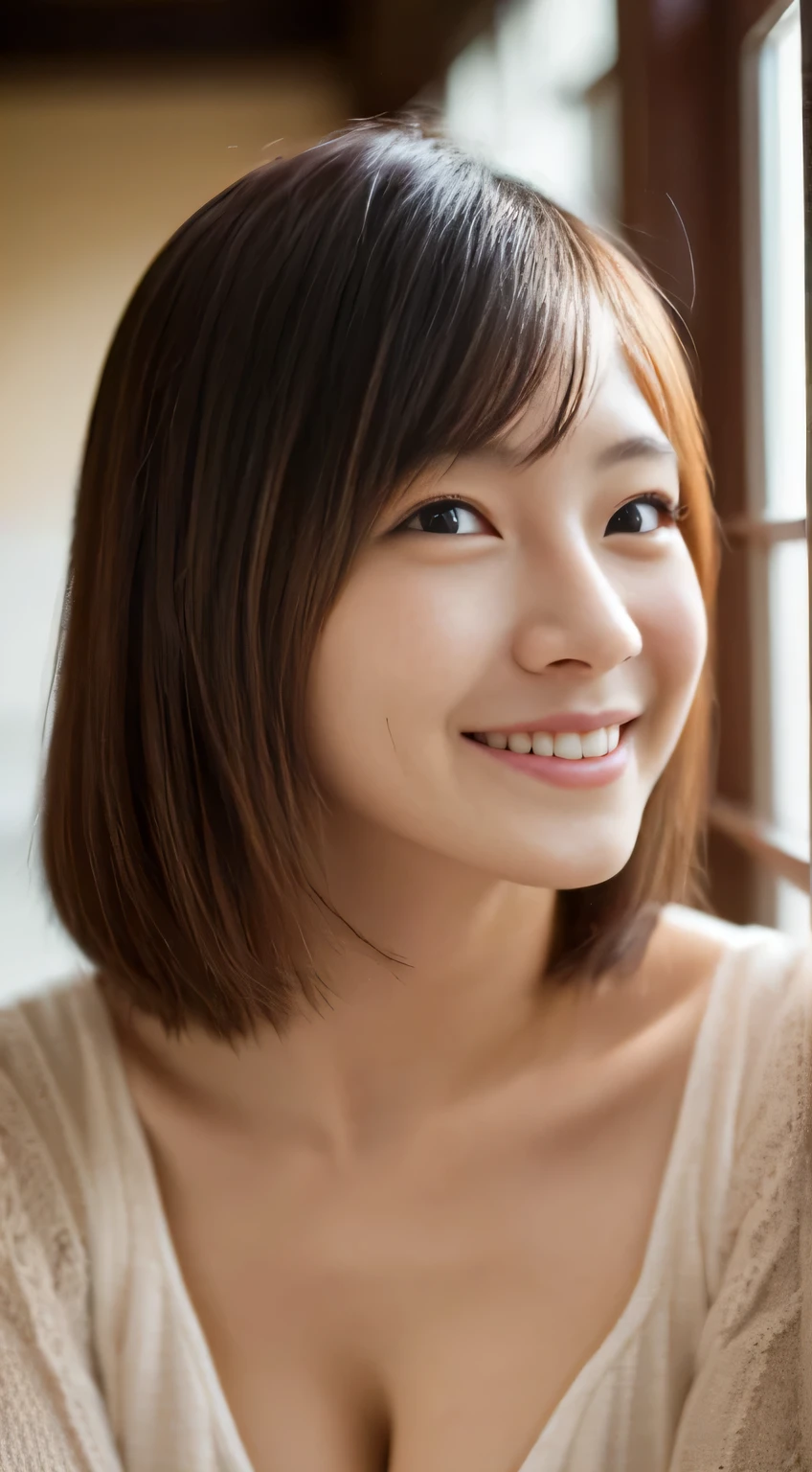 masterpiece,best quality,(Japanese ),((Beautiful girl)),cleavage,indoor,(perfect body beauty:1.2),(shy smile),beautiful teeth,