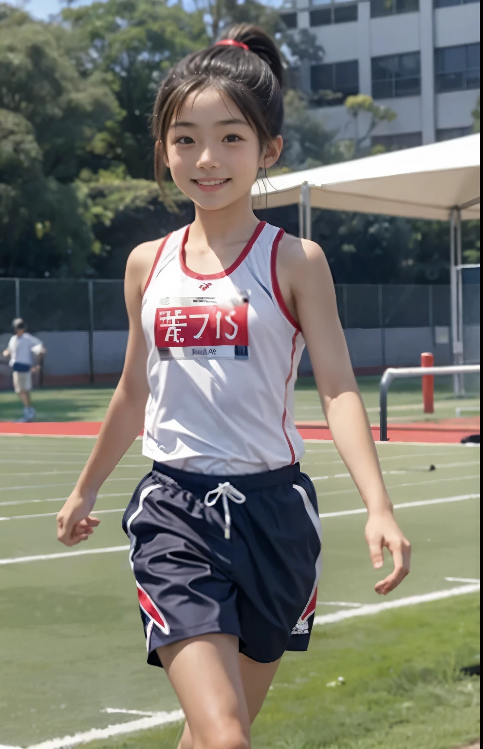 (highest quality, masterpiece), (Beautiful 11 year old Japanese girl), (freckles:0.6), ponytail, smile, garden, track and field athlete