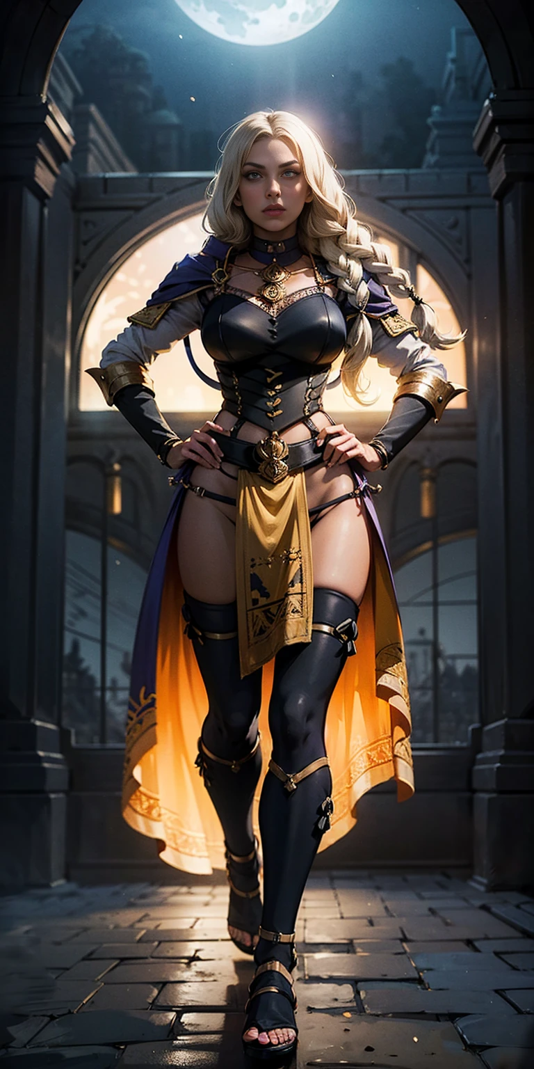 paladin lady in ornate golden armor, black collar, pauldrons, breastplate, corset, glowing halo, single braid, blonde, yellow glowing eyes, bright pupils, eye focus, red cape, temple indoors, stained glass windows, night, moonlight, particles, light beam, chromatic aberration, (full body, whole body. 1solo (girl). slave fighter, loincloth standing, hands on hips full body, whole body. 1solo (girl). slave fighter, loincloth standing, hands on hips, metal sandals, backpack, choker, big belt, view from below, feet together, bracers, tiara)