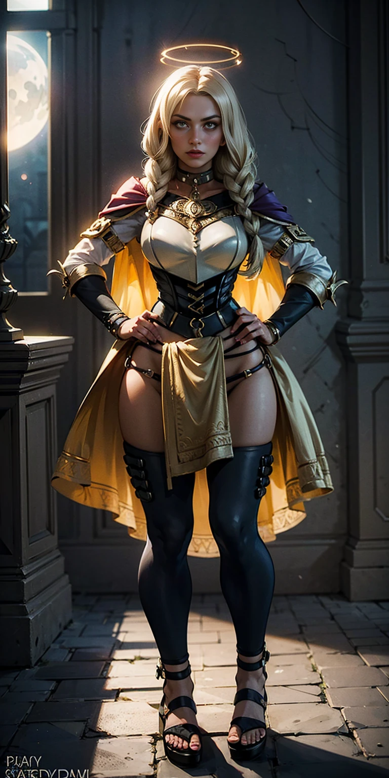 paladin lady in ornate golden armor, black collar, pauldrons, breastplate, corset, glowing halo, single braid, blonde, yellow glowing eyes, bright pupils, eye focus, red cape, temple indoors, stained glass windows, night, moonlight, particles, light beam, chromatic aberration, (full body, whole body. 1solo (girl). slave fighter, loincloth standing, hands on hips full body, whole body. 1solo (girl). slave fighter, loincloth standing, hands on hips, metal sandals, backpack, choker, big belt, view from below, feet together, bracers, tiara)